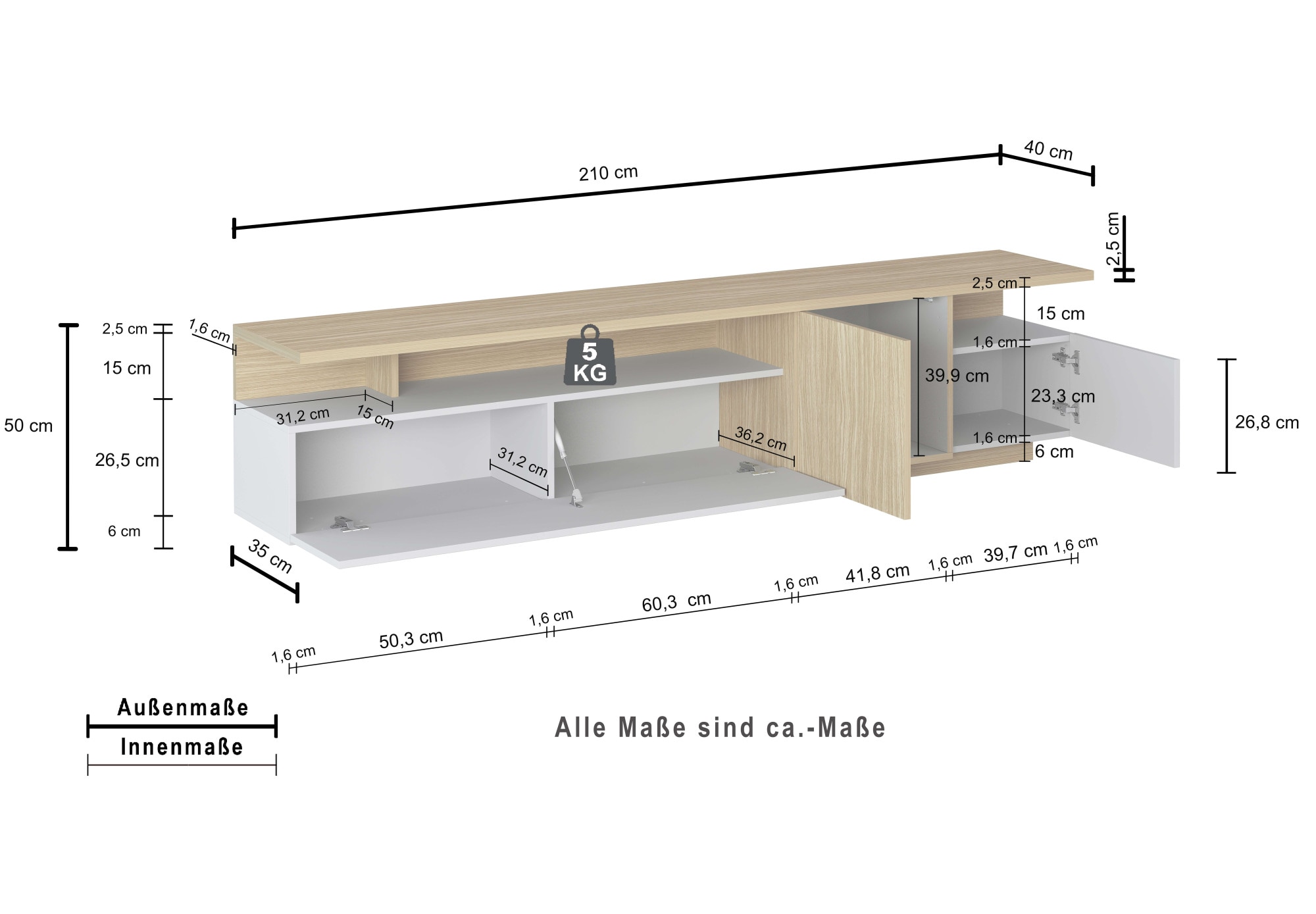 GOODproduct Lowboard »Lowboard ETHOS,Lowboard,TV-Kommode,TV-Möbel,TV-Bank« 1 Stk. tlg. Mit zwei Drehtüren, einer Klapptür und zwei offenen Fächern,B.210 cm