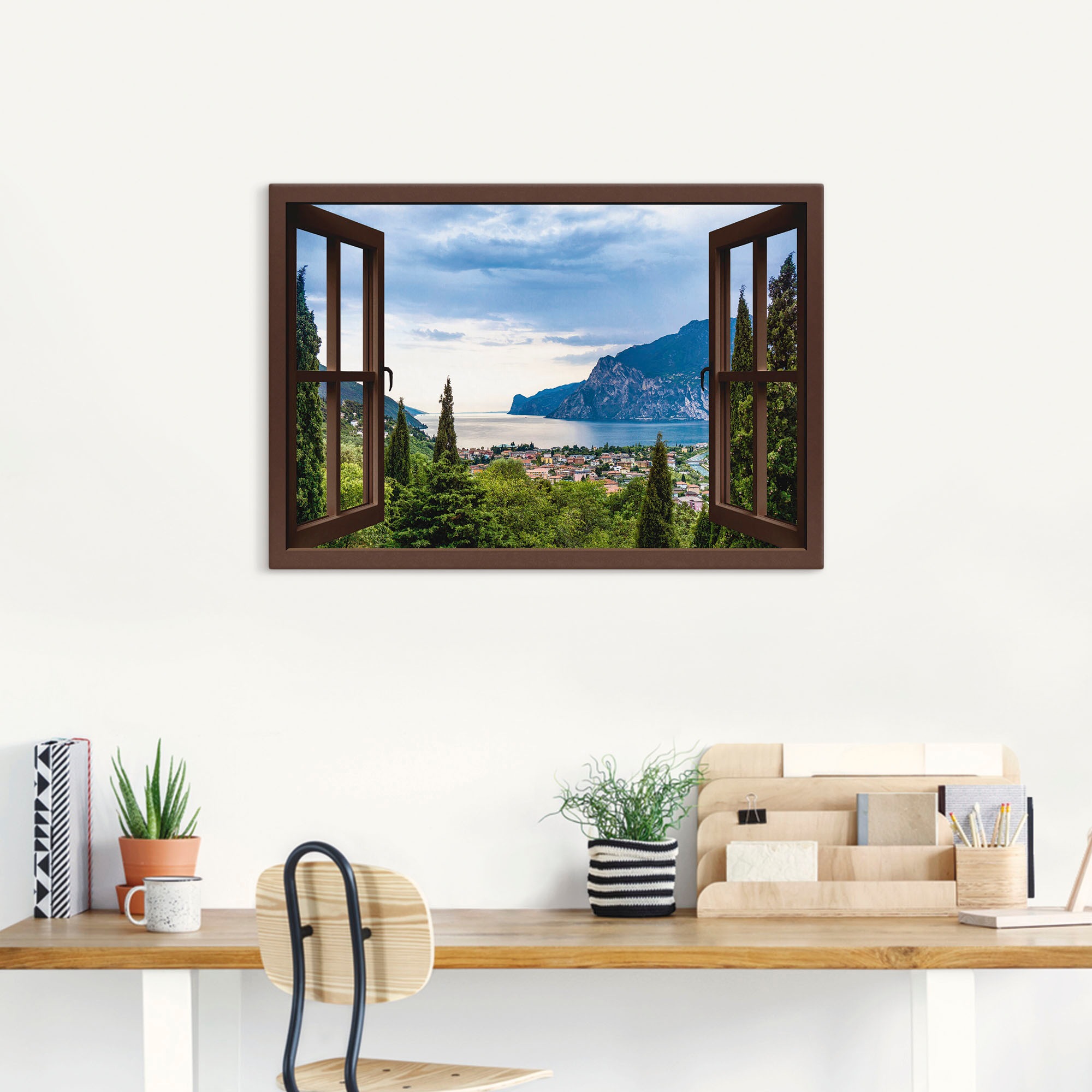 Artland Fresque murale »Gardasee durchs braune Fenster« Images marines 1 cuis tlg. en aluminium, tableau sur toile en différentes tailles