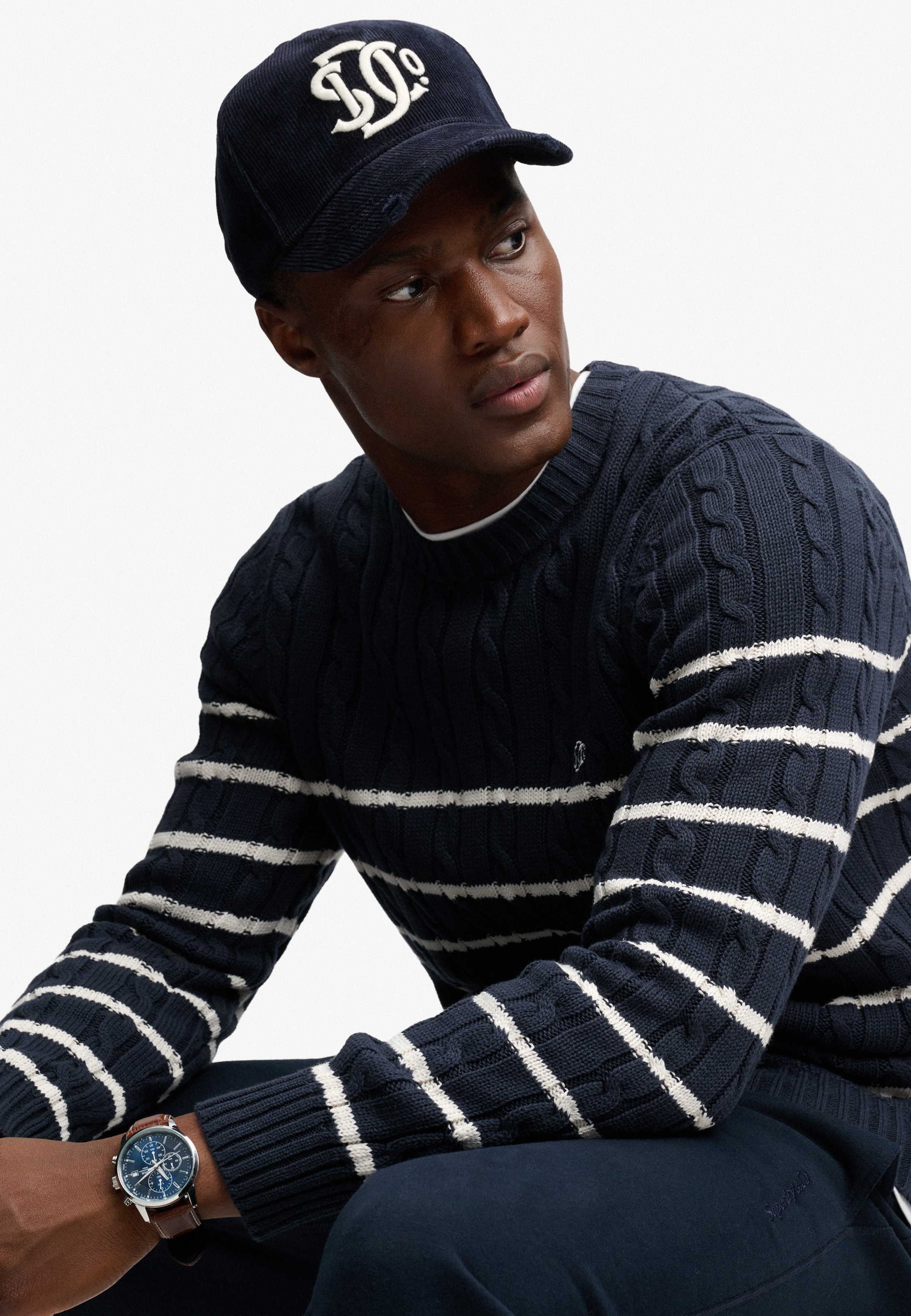 Superdry Pull à col rond »COTTON STRIPE CABLE JUMPER« Baumwolle, slim fit