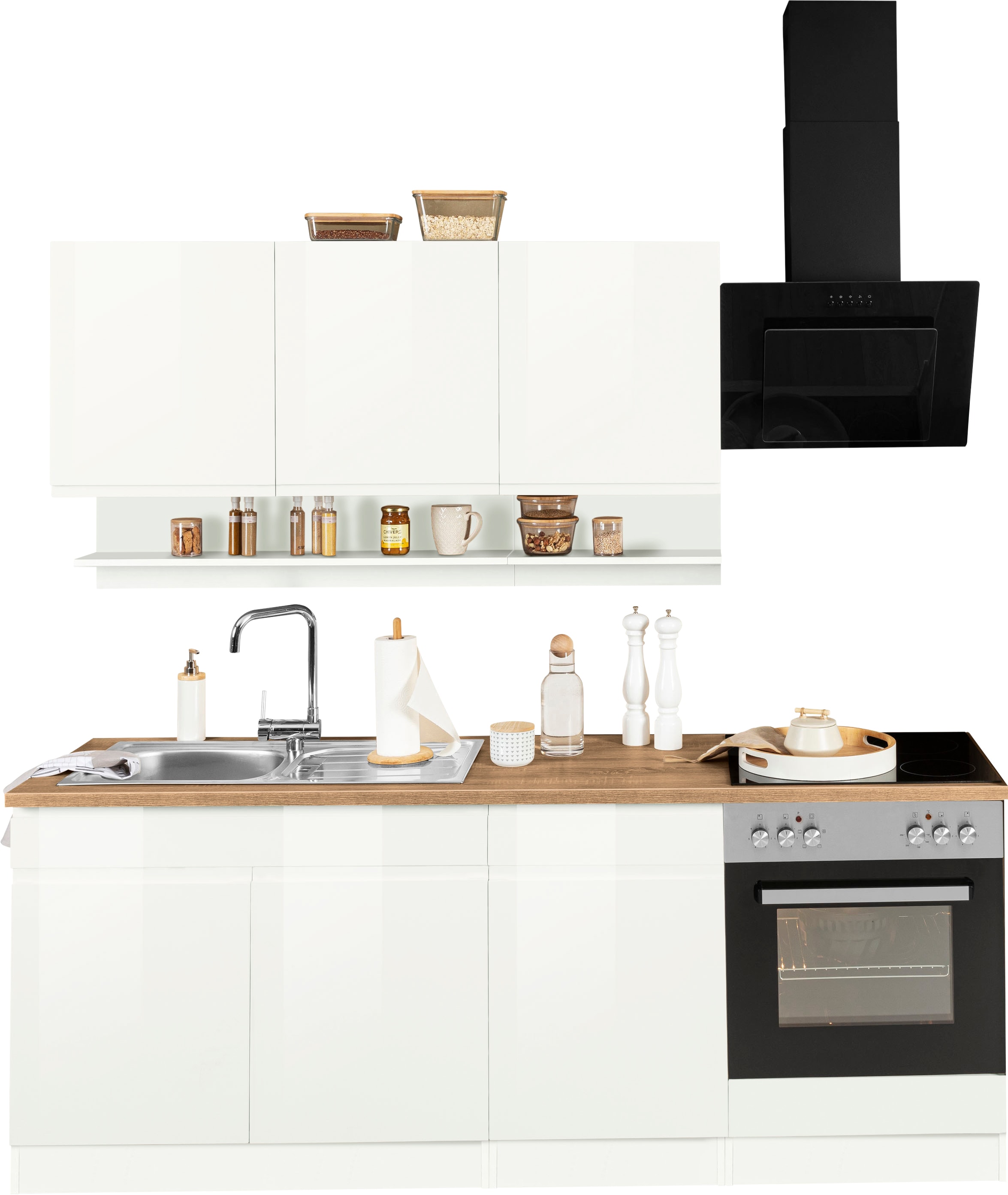 KOCHSTATION Kitchenette »KS-Virginia,neu in verbesserter Ausführung« plan de travail épaisseur 38 mm, rangement, fermeture douce,  21 : largeur 210 cm, fermeture en douceur, option avec appareils électriques