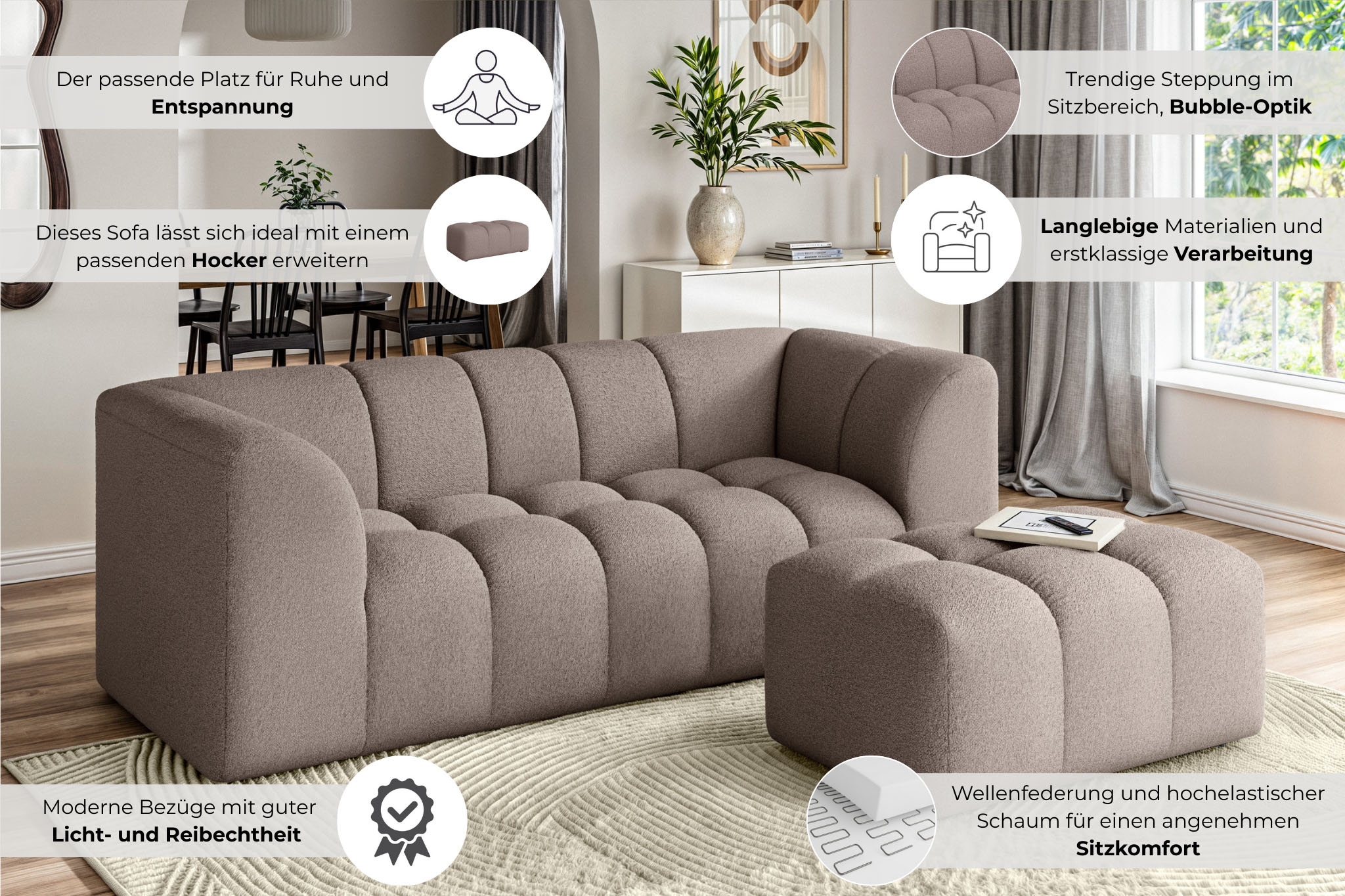 Home affaire 3-Sitzer »TUURE Verlässliche Qualität, moderne Steppung, Breite 227cm« Bubble Optik, hoher Sitzkomfort, Wellenunterfederung