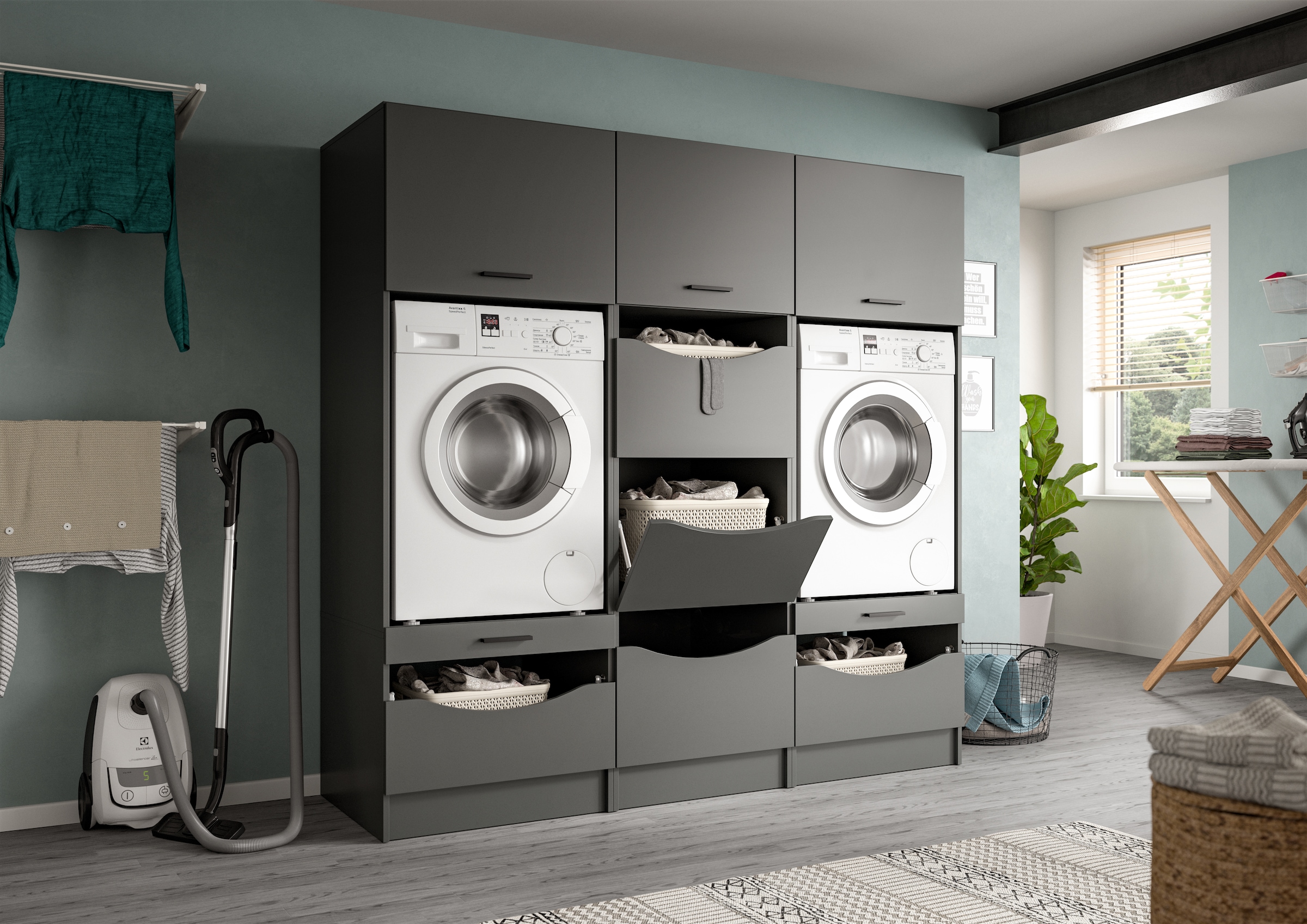 welltime Mehrzweckschrank-Set »FALAS, TOPSELLER!, 3-teilig, Hauswirtschaftsraum Set, Breite 192 cm« 2x Waschmaschinenumbau- & 1x Wäscheschrank, 