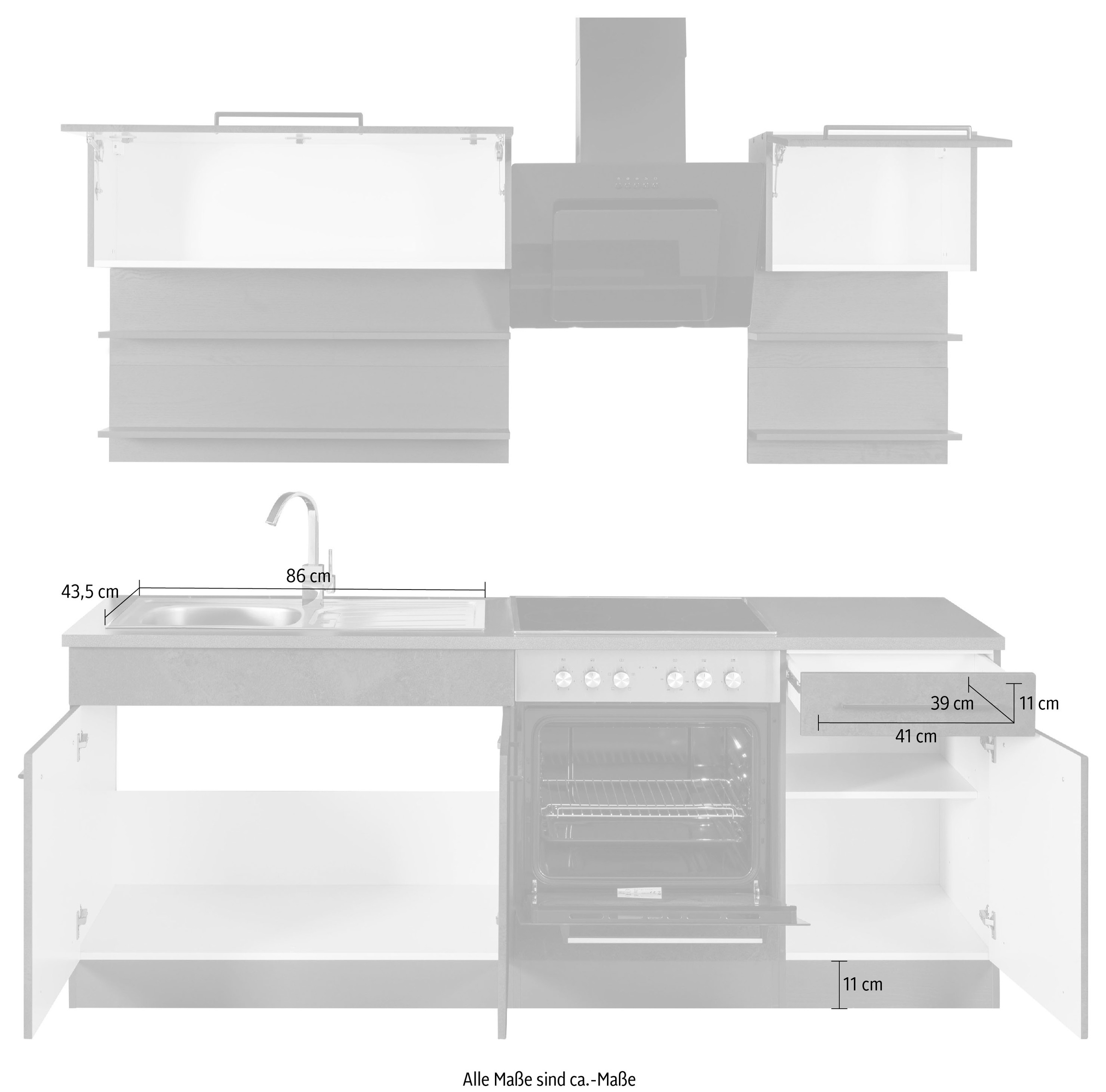 KOCHSTATION Küchenzeile »KS-Tulsa« Breite 210 cm, schwarze Metallgriffe, hochwertige MDF Fronten
