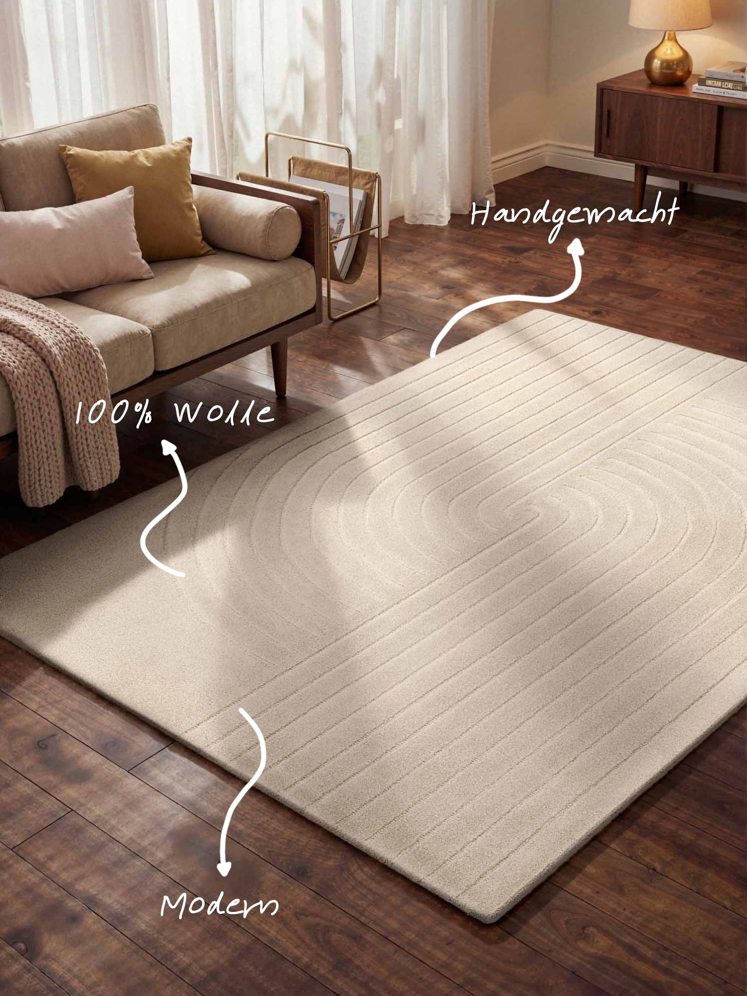 vikosa Tapis en laine »Arcura« Rectangulaire 15 mm Höhe Wolle Handgemacht, Hoch-Tief-Effekt, Geometrisches Linien Wellendesign