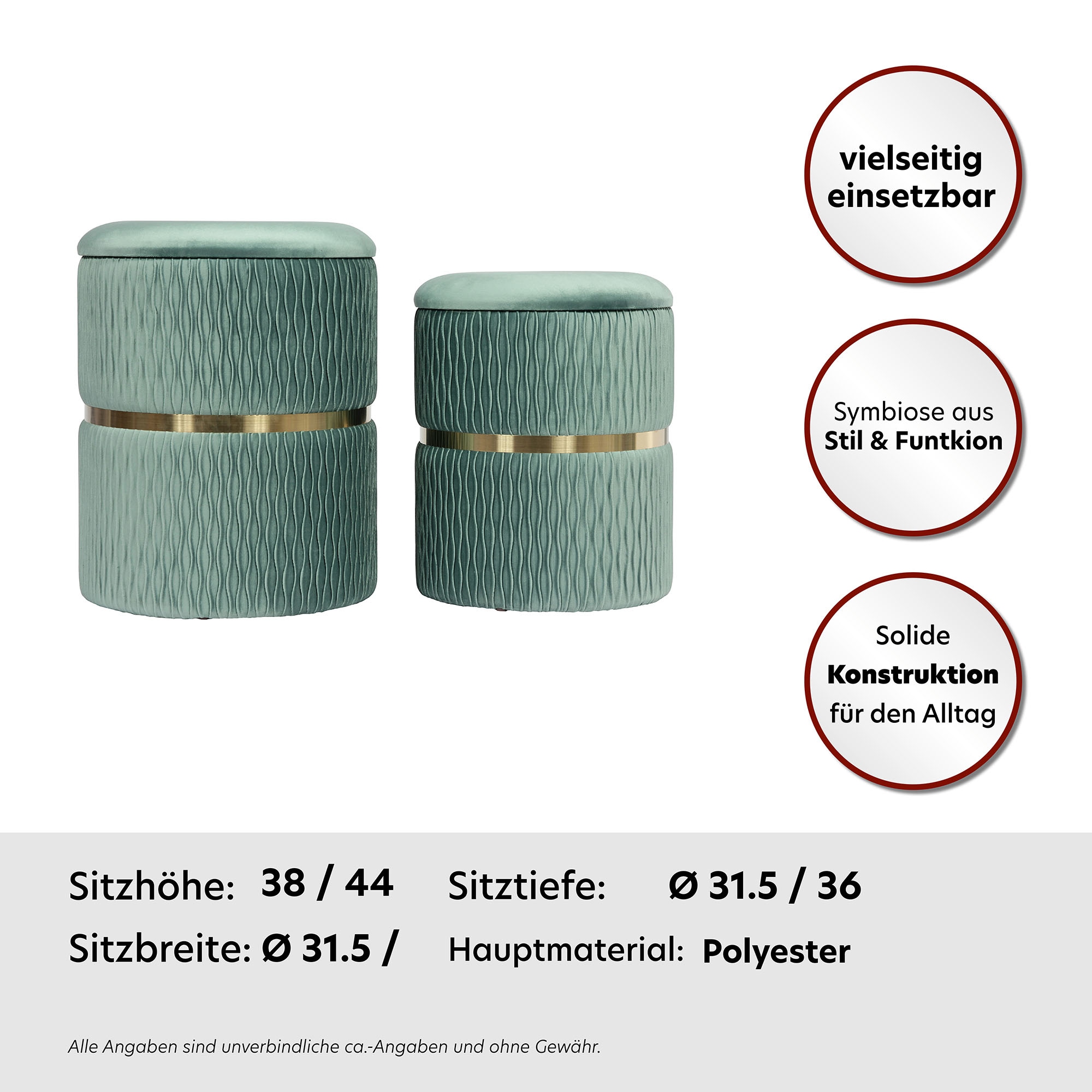 Kayoom Tabouret rembourré »Hocker Zora 425 2er-Set, Praktischer und versteckter Stauraum« Set, 2 cuis tlg. 2er-Set mit Stauraum, ineinander stapelbar, goldener Ring