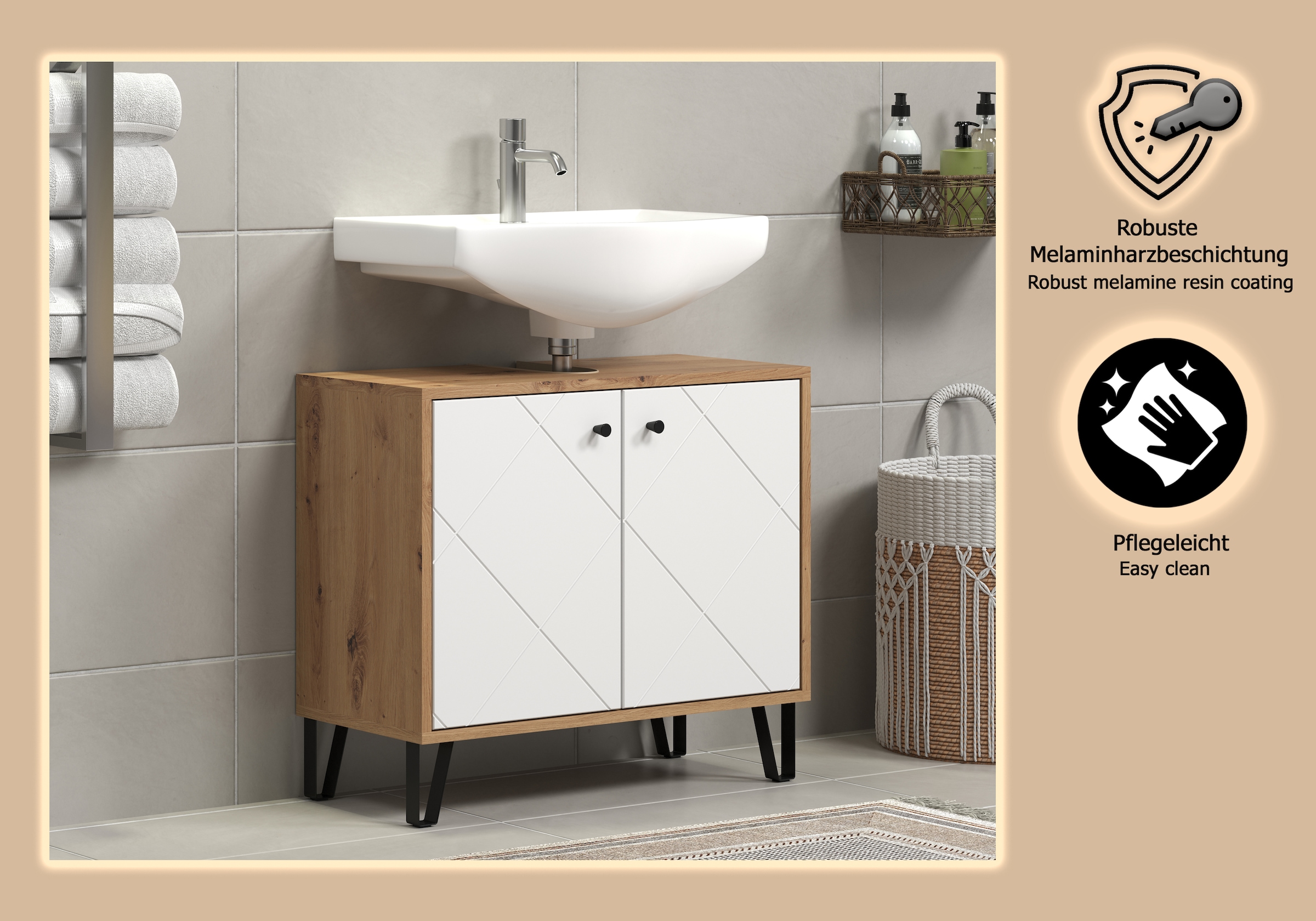 PLACES OF STYLE Armoire sous lavabo »Tarragona« 1 cuis tlg. Waschbeckenunterschrank mit 2 Türen - (B/T/H) 69/32/61 cm