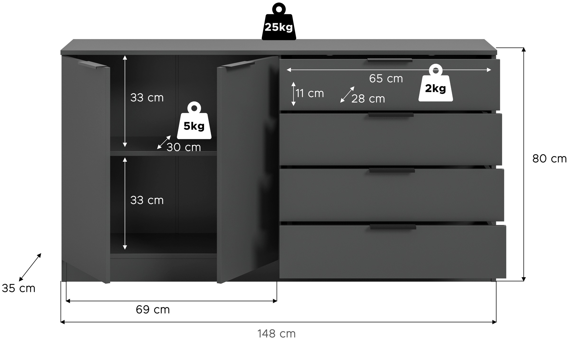 Home affaire Buffet »SKARDE, Breite 148 cm, 4 Schubkästen, 2 Türen, viel Stauraum« in verschiedenen Farben und Breiten erhältlich, individuell einsetzbar,  Kommode, Anrichte, Schubkastenkommode, Schuhschrank, Schrank