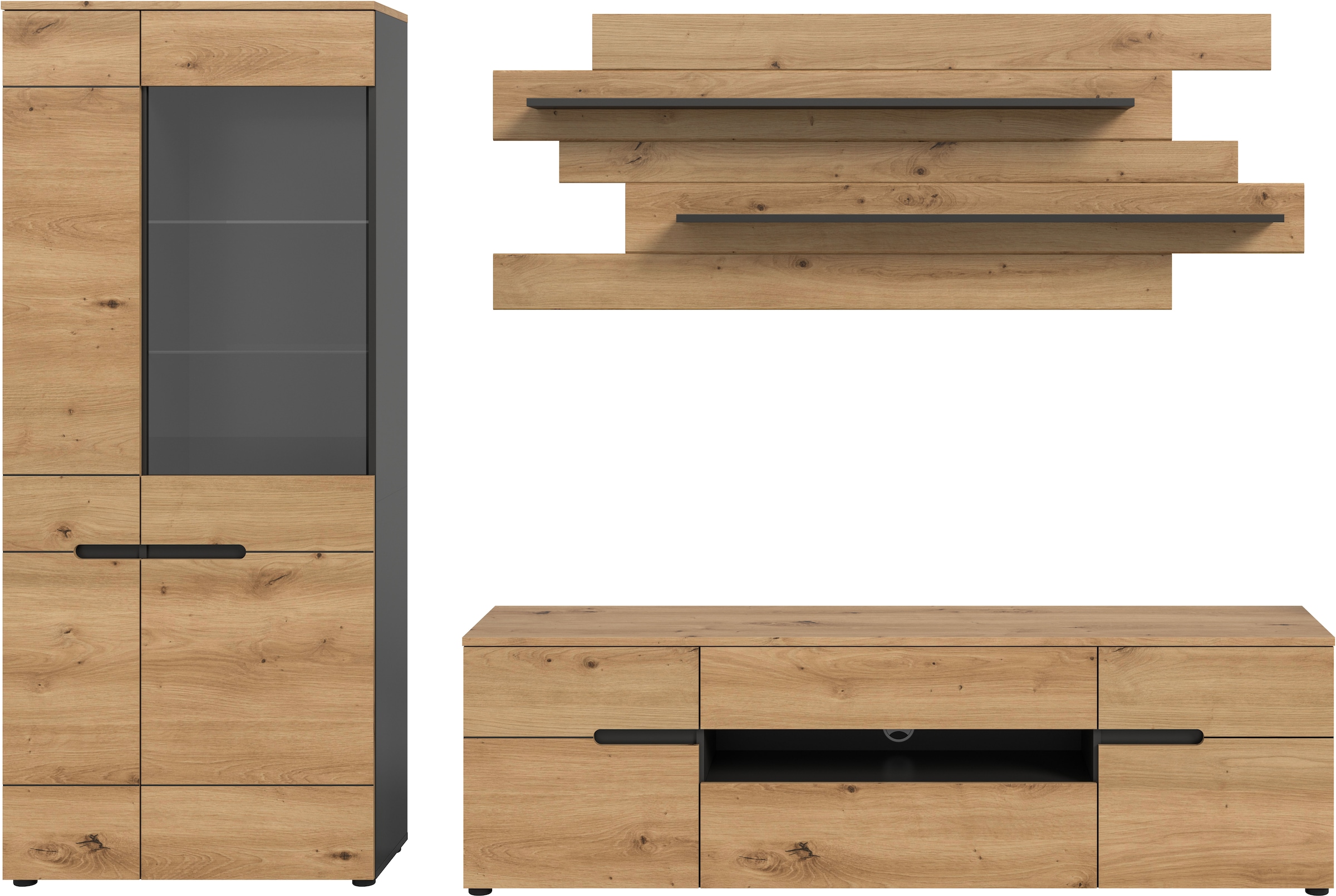 Home affaire Meuble mural »REHAT, TOPSELLER!, 3-teilig, Breite 280 cm, individuell stellbar« Set composé de : vitrine, meuble bas et étagère murale, 3 cuis tlg.