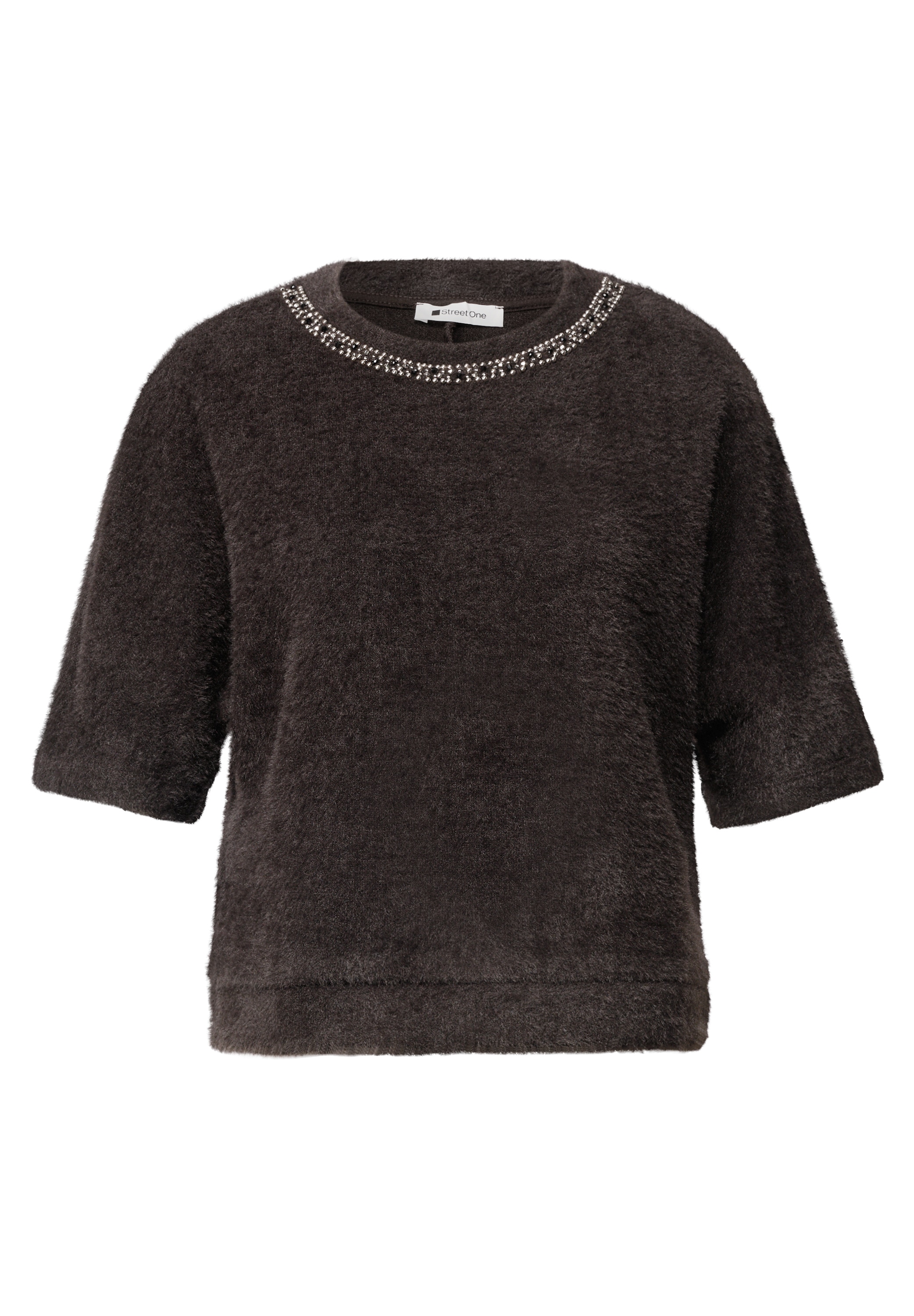 STREET ONE Pull à manches courtes Plüsch-Shirt mit Rundhals und Schmucksteinen