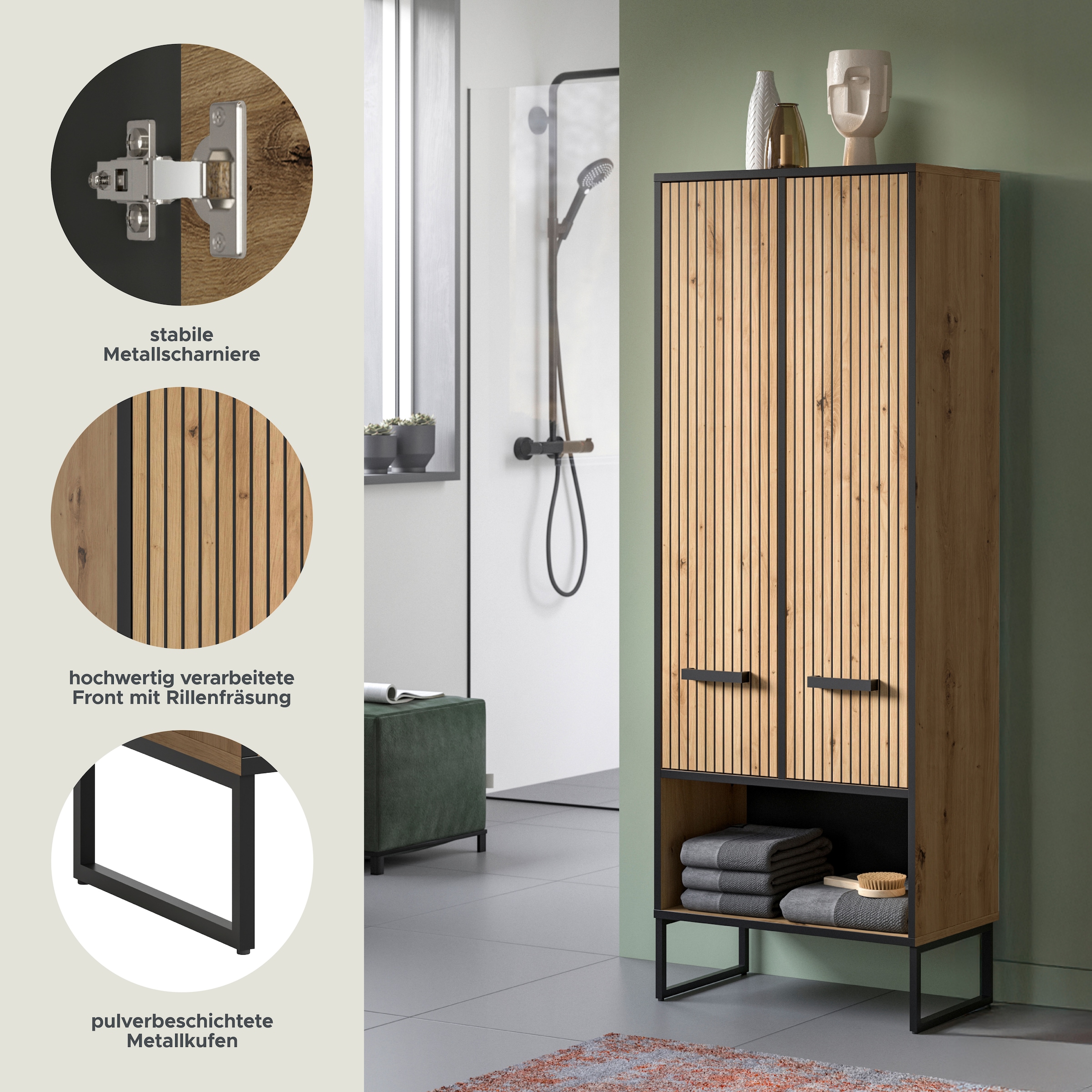 welltime Armoire haute »LOCRI, Höhe 159 cm, 2 Türen, 6 Einlegeböden, 1 offenes Fach« Look industriel avec rainures & patins métalliques, 1 cuis tlg. semelles intérieures variables, design moderne, armoire de salle de bain, salle de bain