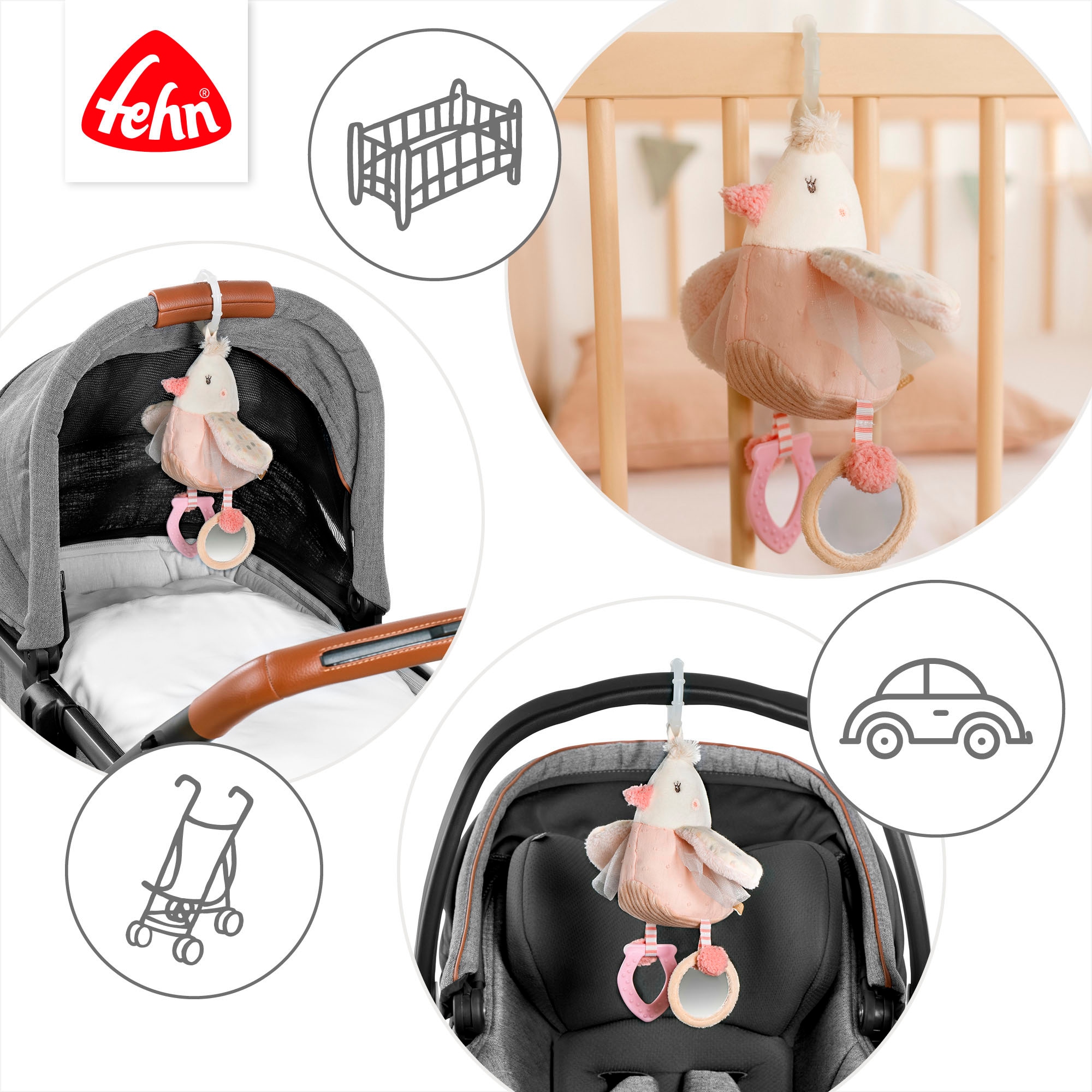 Fehn Greifspielzeug »feehnLAND, Activity-Vogel« zur Befestigung an Kinderwagen, Babyschale oder Bett