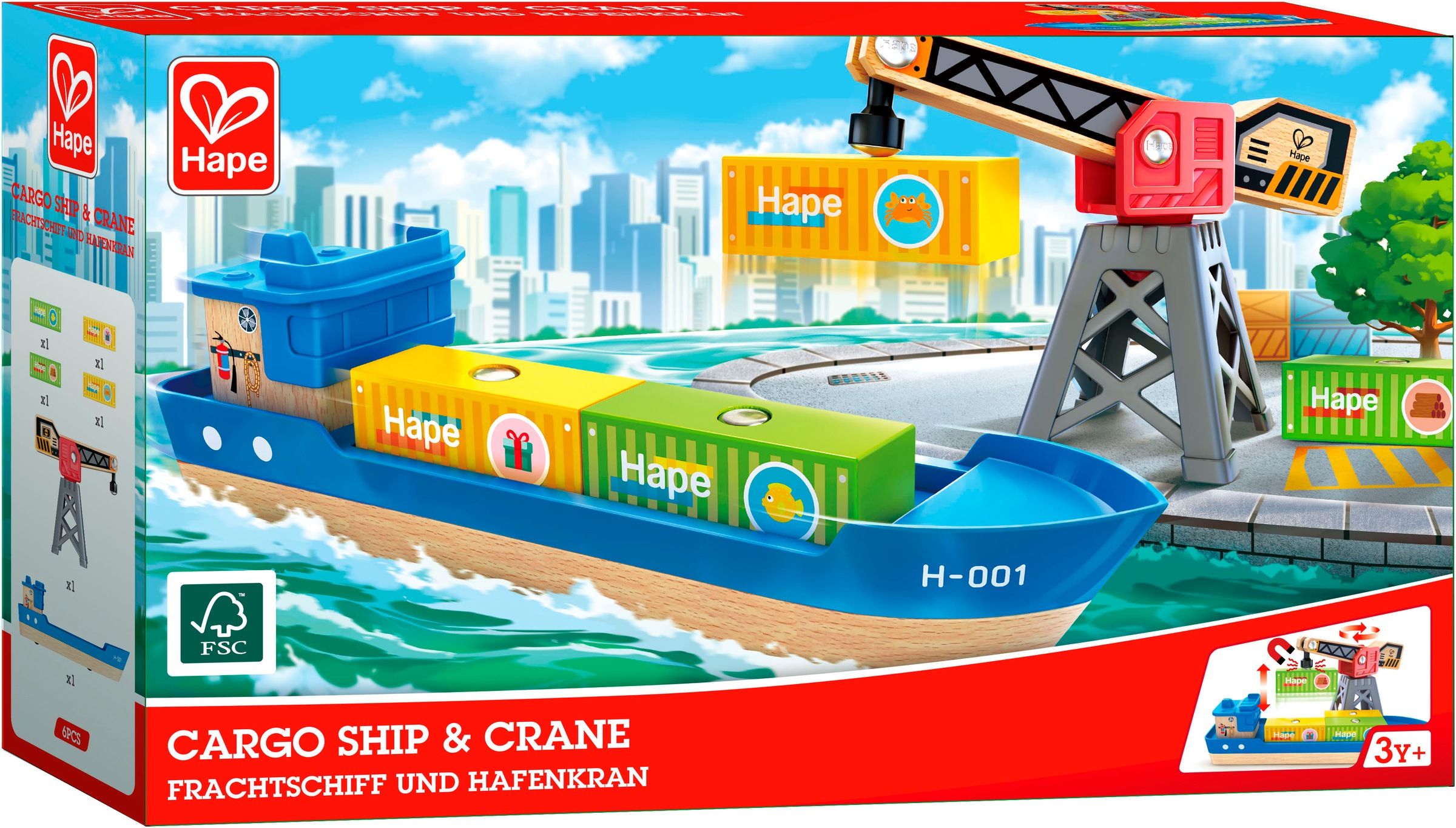 Hape Spielzeug-Schiff »Frachtschiff und Hafenkran«