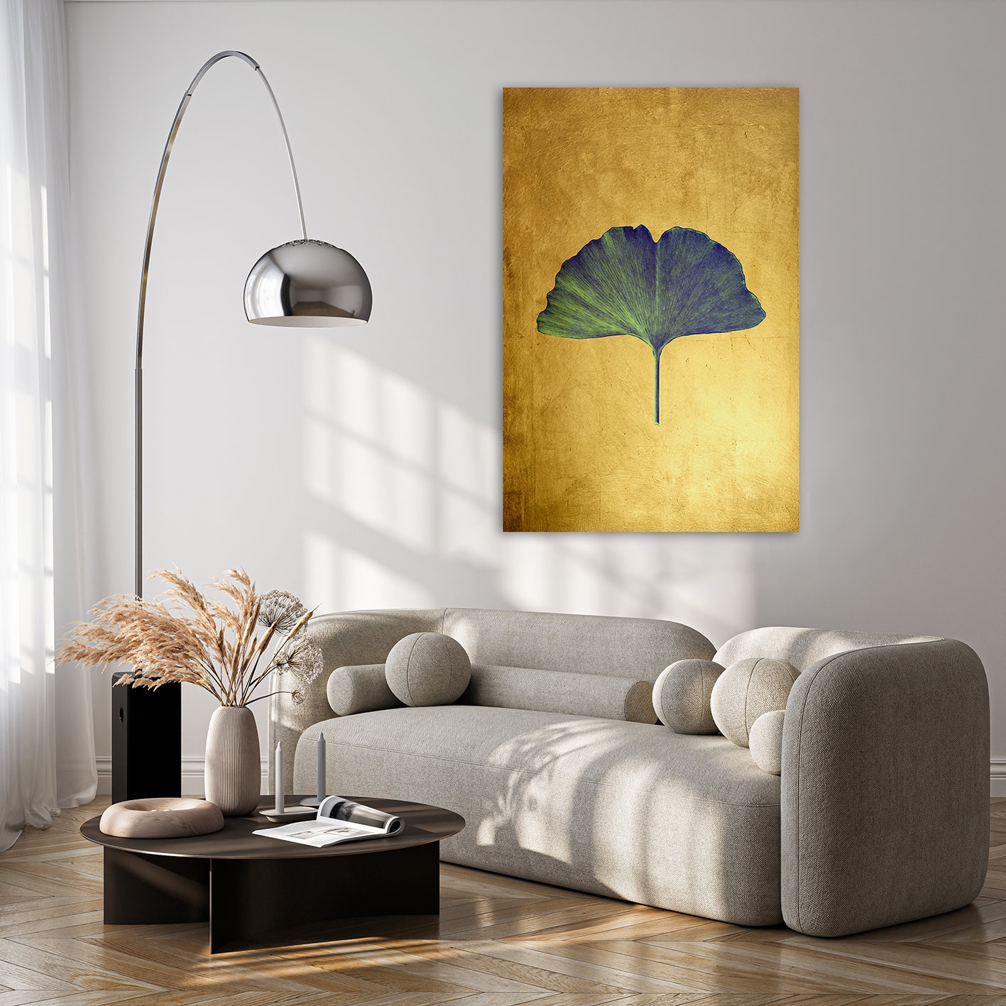 queence Peintures »Aluminium Bild Goldeffekt Gingkoblatt Pflanze« Fleurs | Images de fleurs | Images de plantes Alu Dibond avec structure brossée pour un effet métal noble
