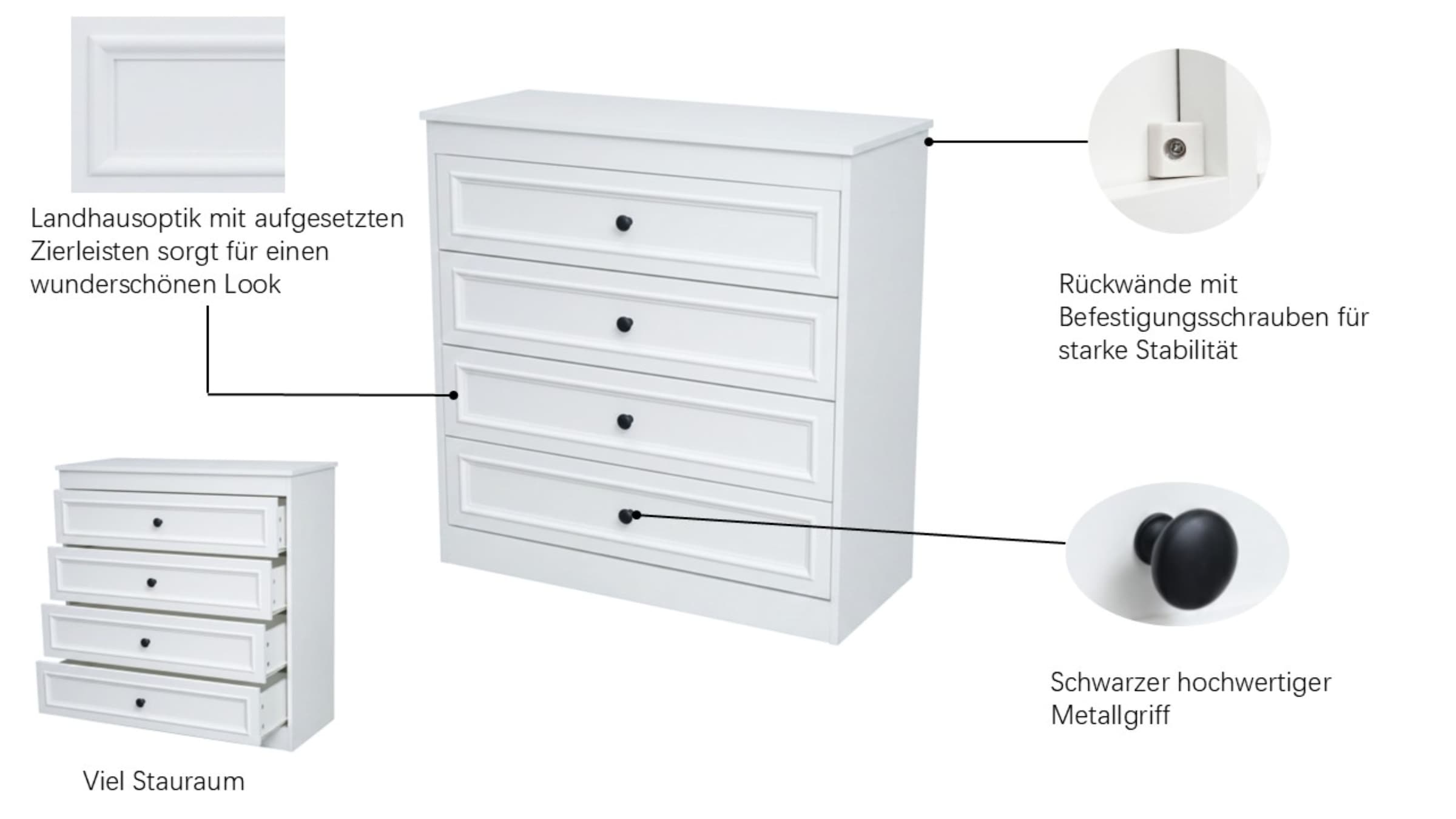 GOODproduct Schubkastenkommode »Arrian Landhaus Kommode Weiss | Schubladenkommode« Vielseitig als Schlafzimmer- oder Flurkommode nutzbar