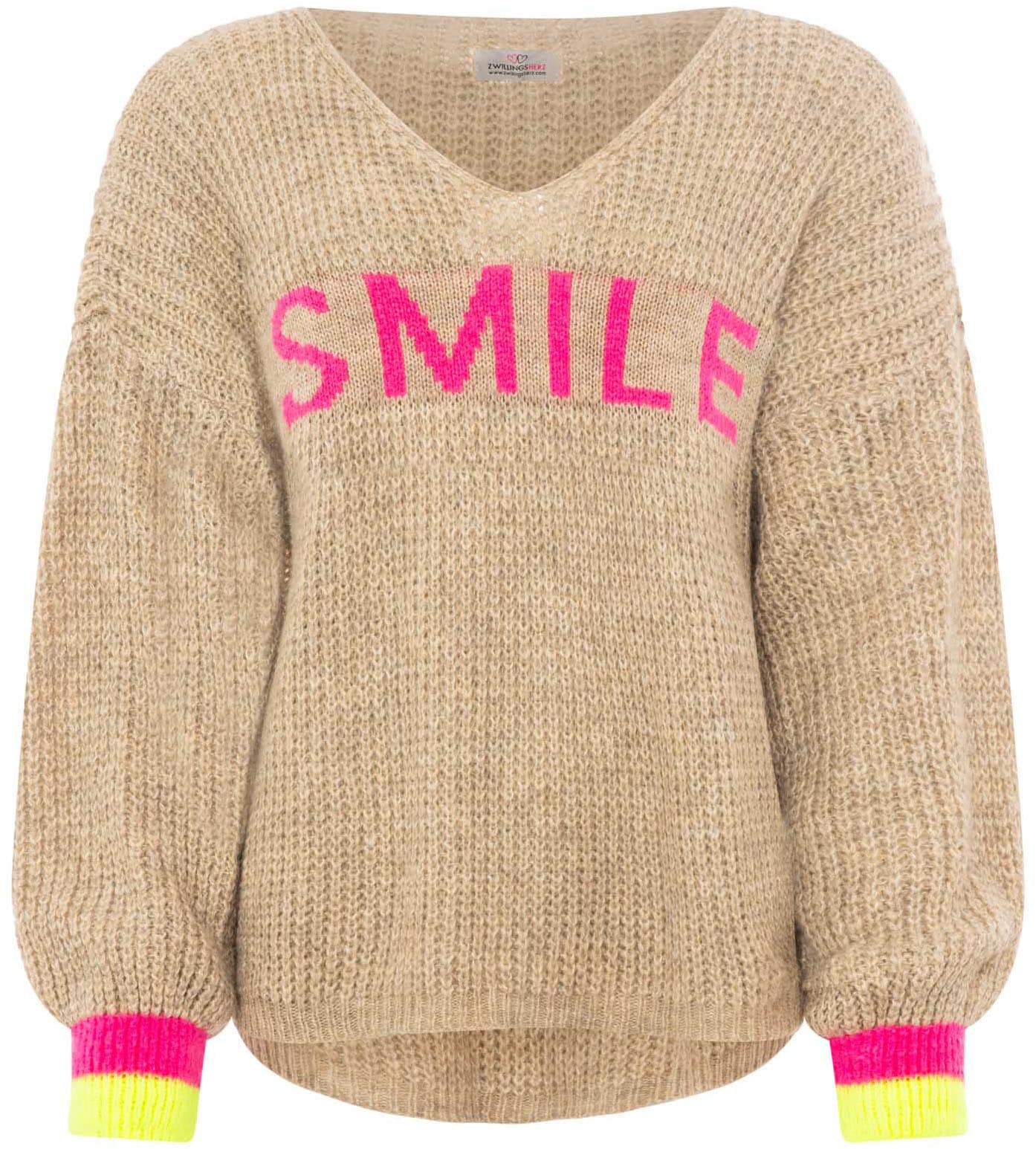 Zwillingsherz Strickpullover »"Smile"« Langarm, One Size, V-Ausschnitt, Neon-Details, Schriftzug