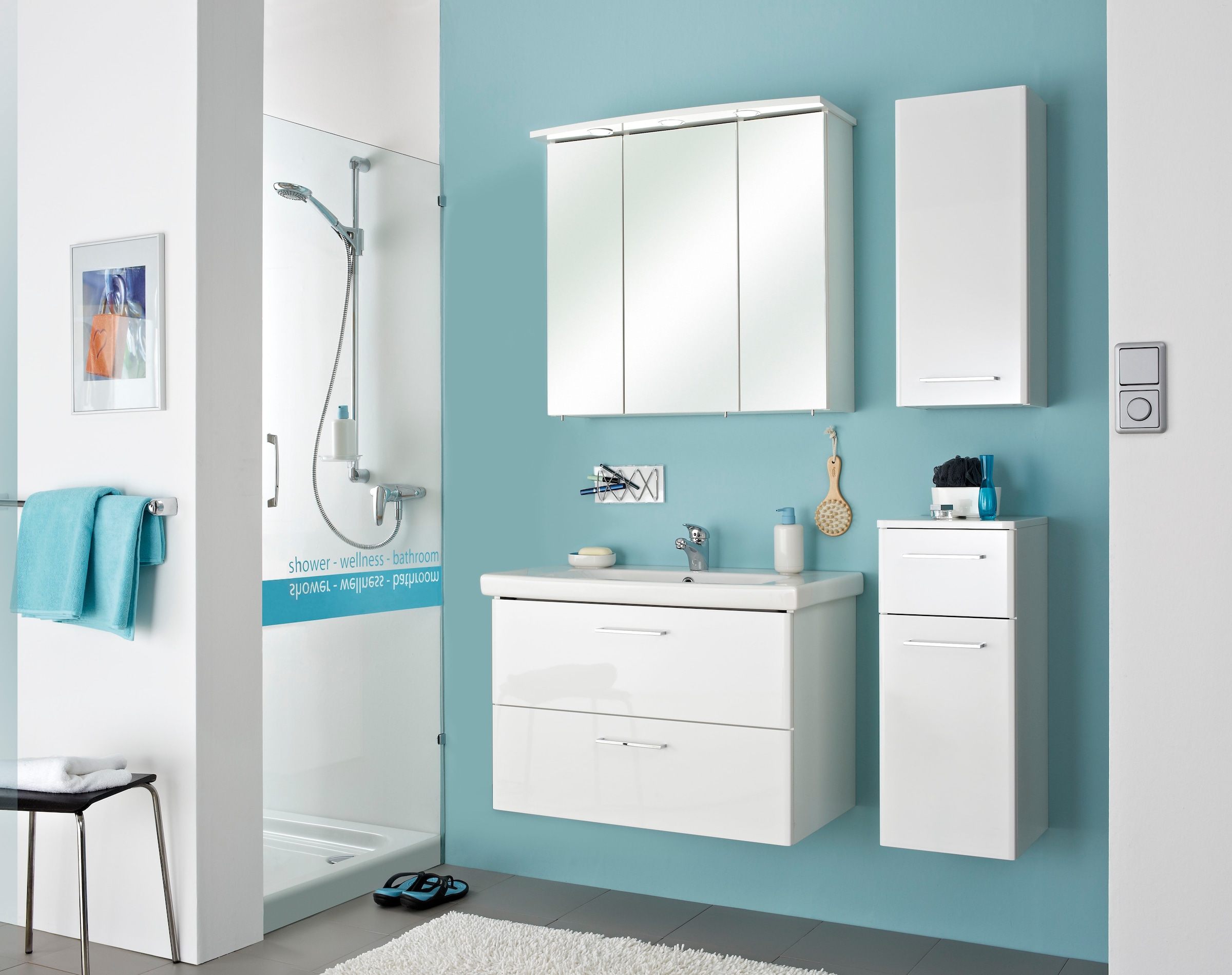 Saphir Armoire basse »Quickset 316 Badschrank 1 Tür, 1 Schublade, 30cm breit, Weiss Hochglanz« meuble bas de salle de bain incl. amortisseur de porte, poignées chromées brillantes