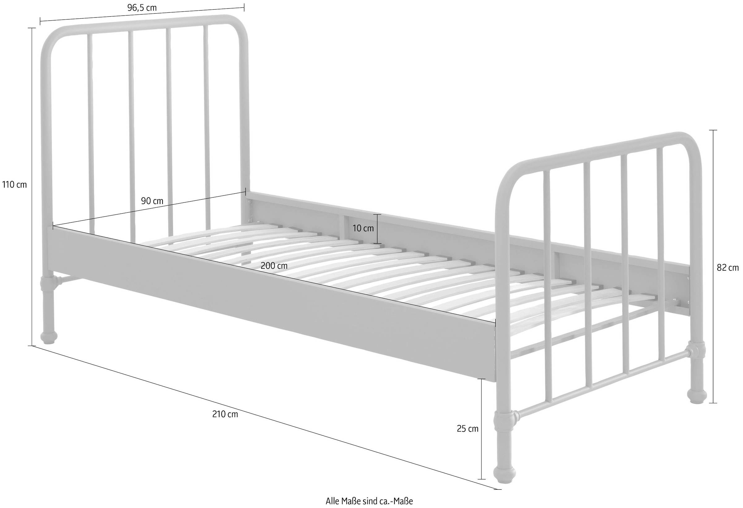 Vipack Lit pour adolescents »Bronxx, Einzelbett 90/200, sehr stabil, romantische Optik« L/H/P env. 96,5x110x206 cm, avec sommier à lattes, dégagement au sol,  surface thermolaquée, plusieurs couleurs au choix