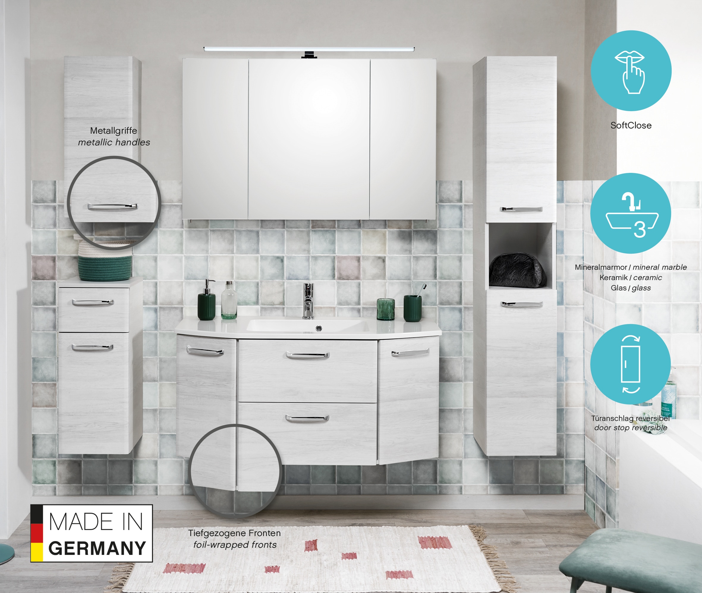 Saphir Armoire haute »Quickset Badschrank 30 cm breit, 2 Türen, 1 Nische, 3 Einlegeböden« armoire haute de salle de bain avec amortisseur de porte, poignées chrome brillant