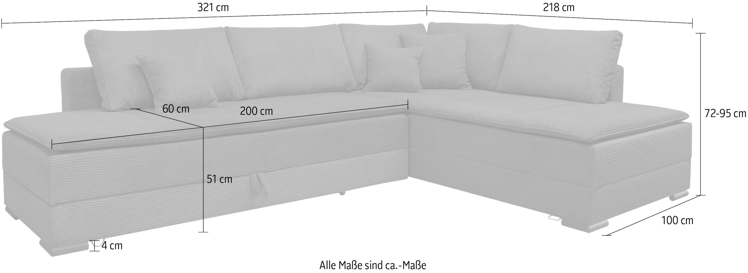 Home affaire Canapé d'angle »Night & Day L-Form, B: 321 cm, mit Dauer-Schlaffunktion 180x200 cm« Bettfunktion, Bettkasten, Topper & 3 Zierkissen, Boxspringbett in Cord