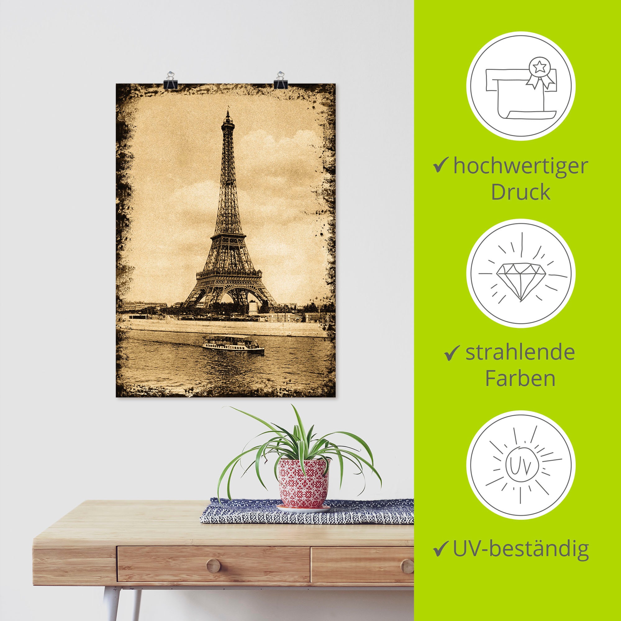 Artland Poster »Paris - Eiffelturm Vintage« Gebäude 1 Stk. tlg. als Leinwandbild, Wandaufkleber oder Poster in versch. Grössen