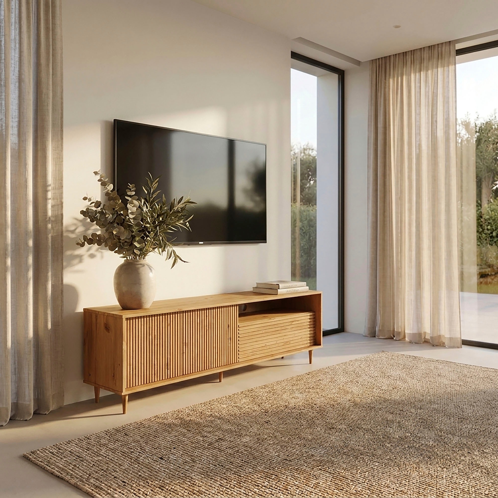 GOODproduct Lowboard »Malmedy  Front mit gefrästen Rillen« TV-Kommode aus massivem Kiefernholz, Push-to-open, Breite 180 cm