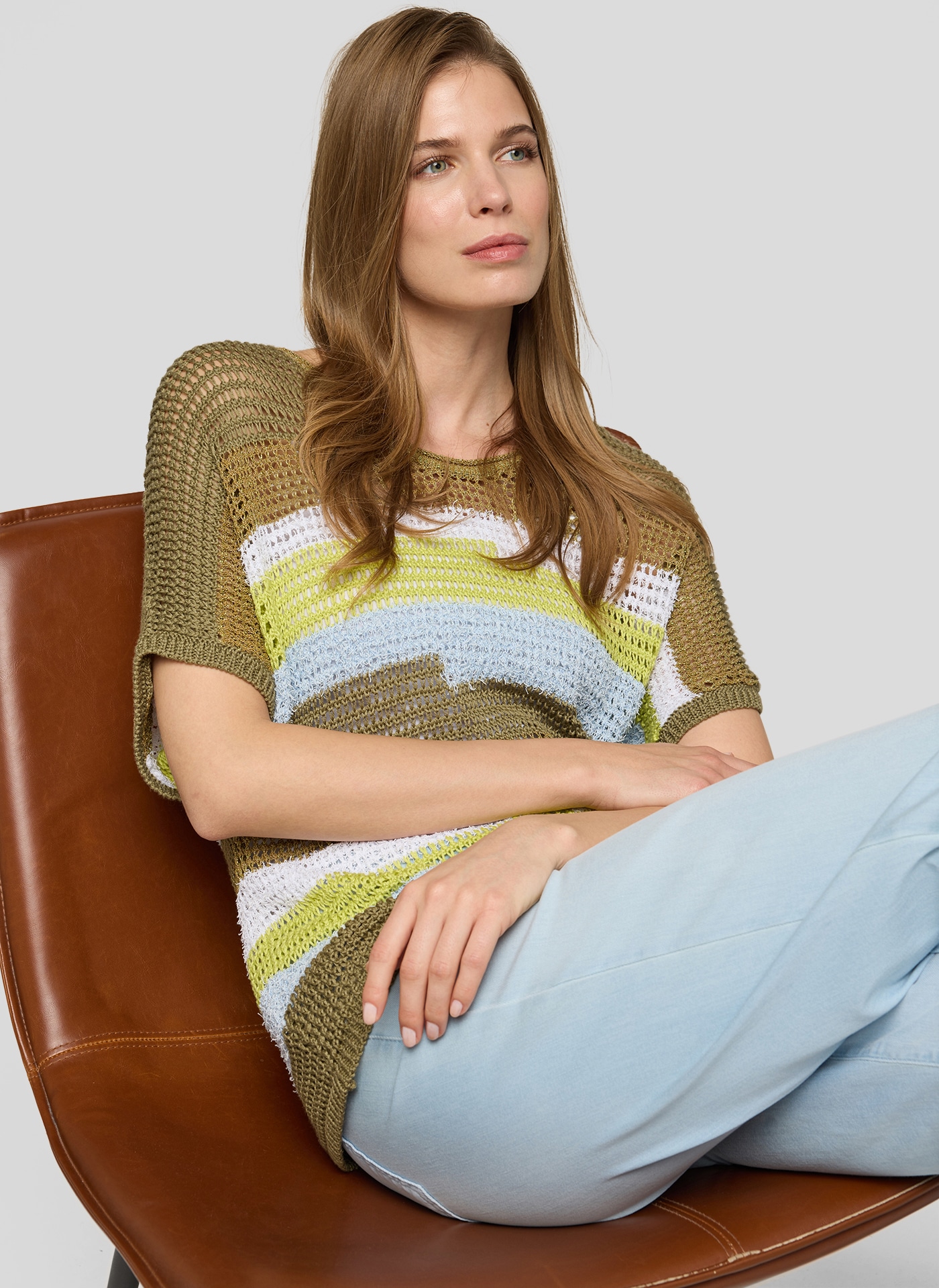 Rabe Pull en tricot Halbarm mit Colorblocking-Streifen und im Häkel-Look