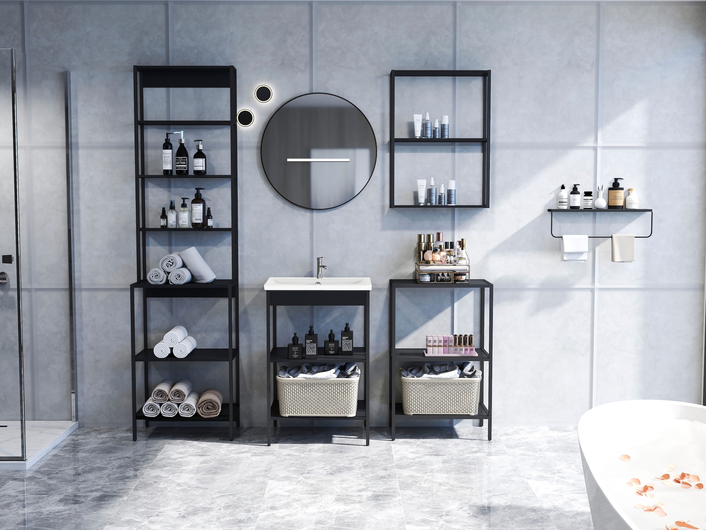 welltime Étagère de salle de bain »Lodi« 1 cuis tlg. Hochregal mit Metallrahmen, 6 Böden - (B/T/H) 51/30/190 cm