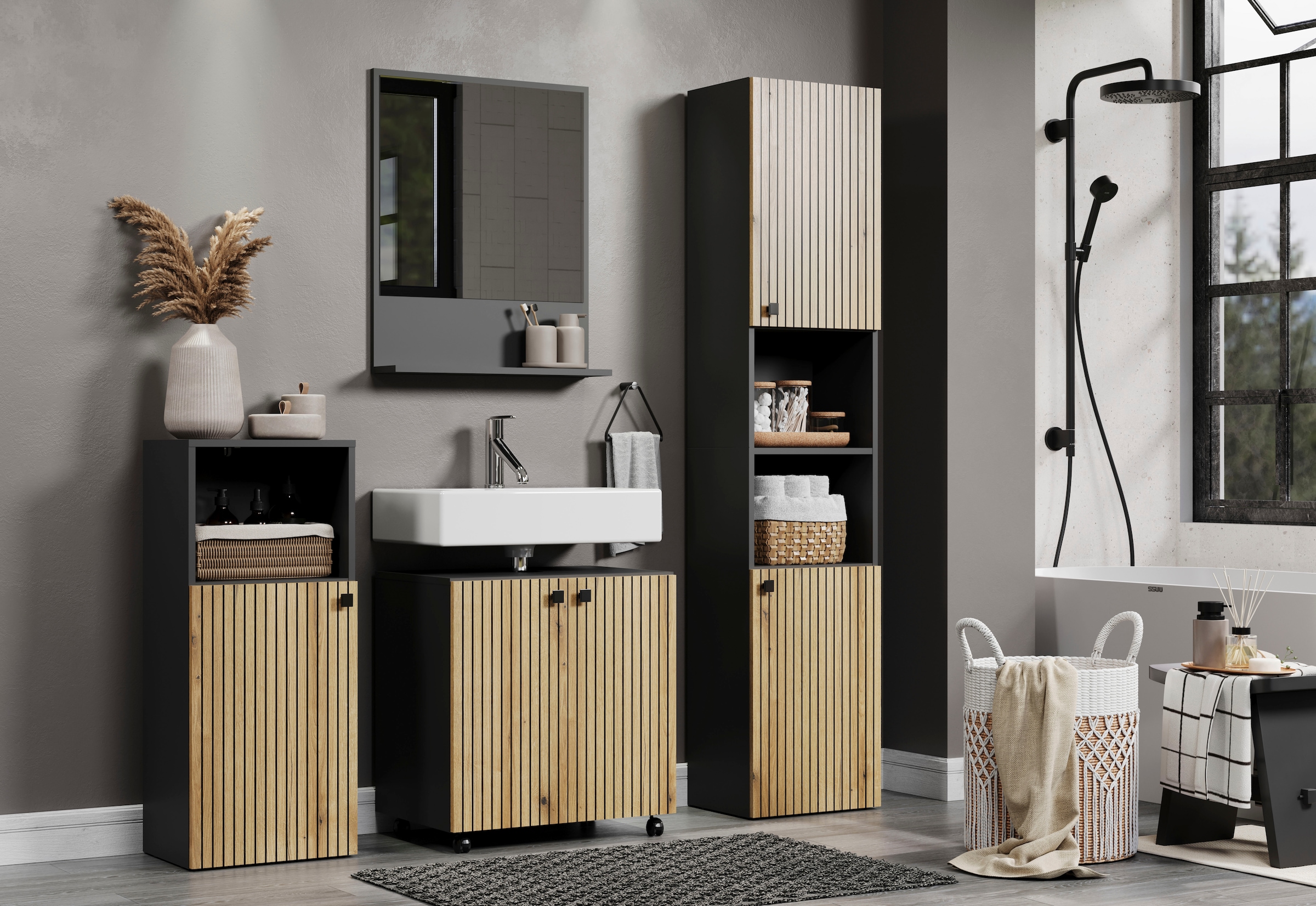 welltime Waschbeckenunterschrank »Amrum« BxHxT 80 x 64 x 42cm Waschbeckenunterschrank Eiche Rillenoptik