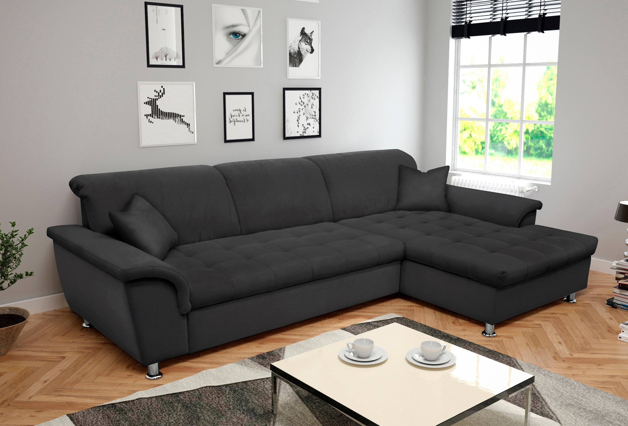 DOMO collection Ecksofa »Franzi Steppung im Sitzbereich B7T/H: 278/162/80 cm,  L-Form« ohne Funktion, Flachgewebe, graphite