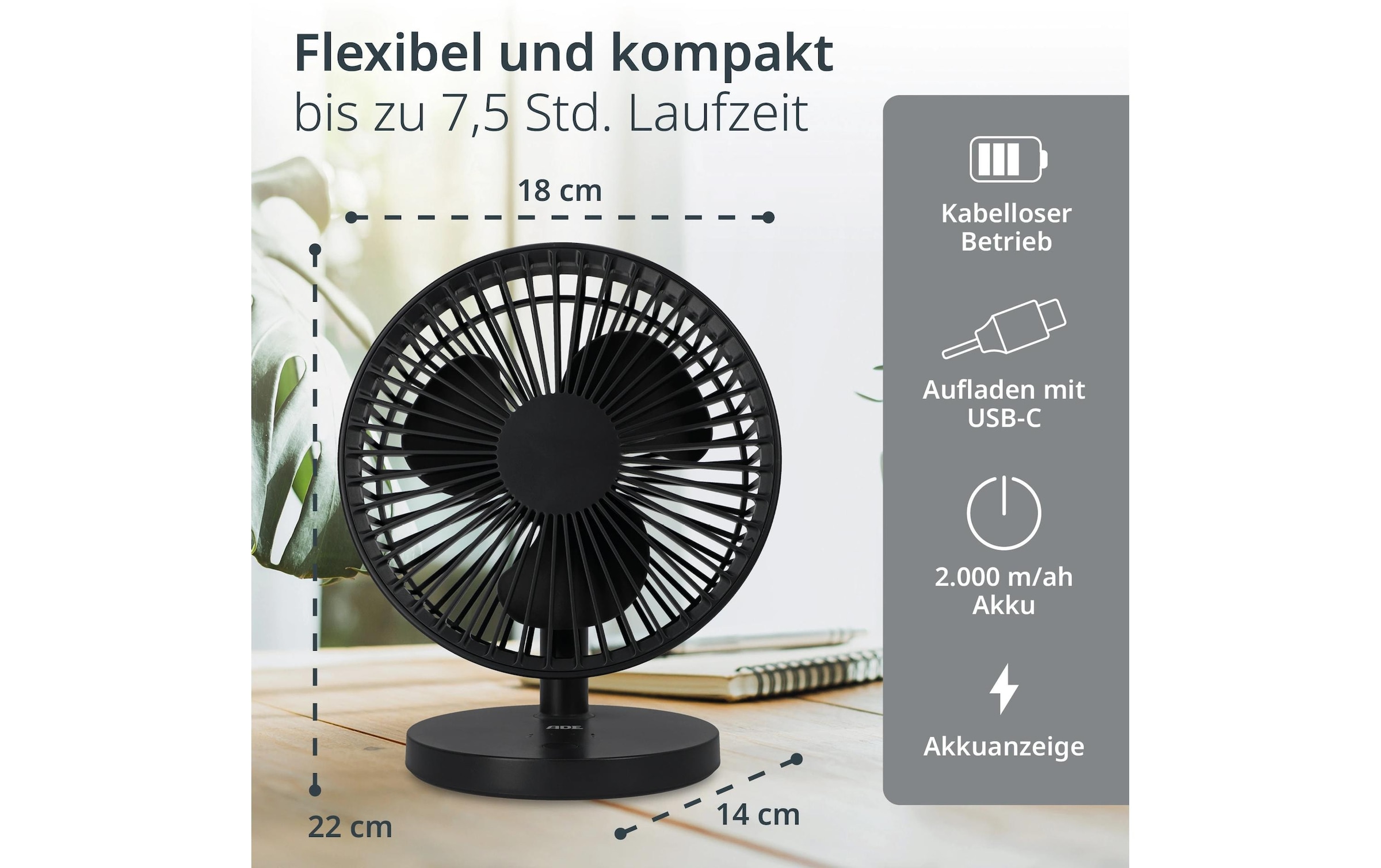 ADE Tischventilator »kabellos«