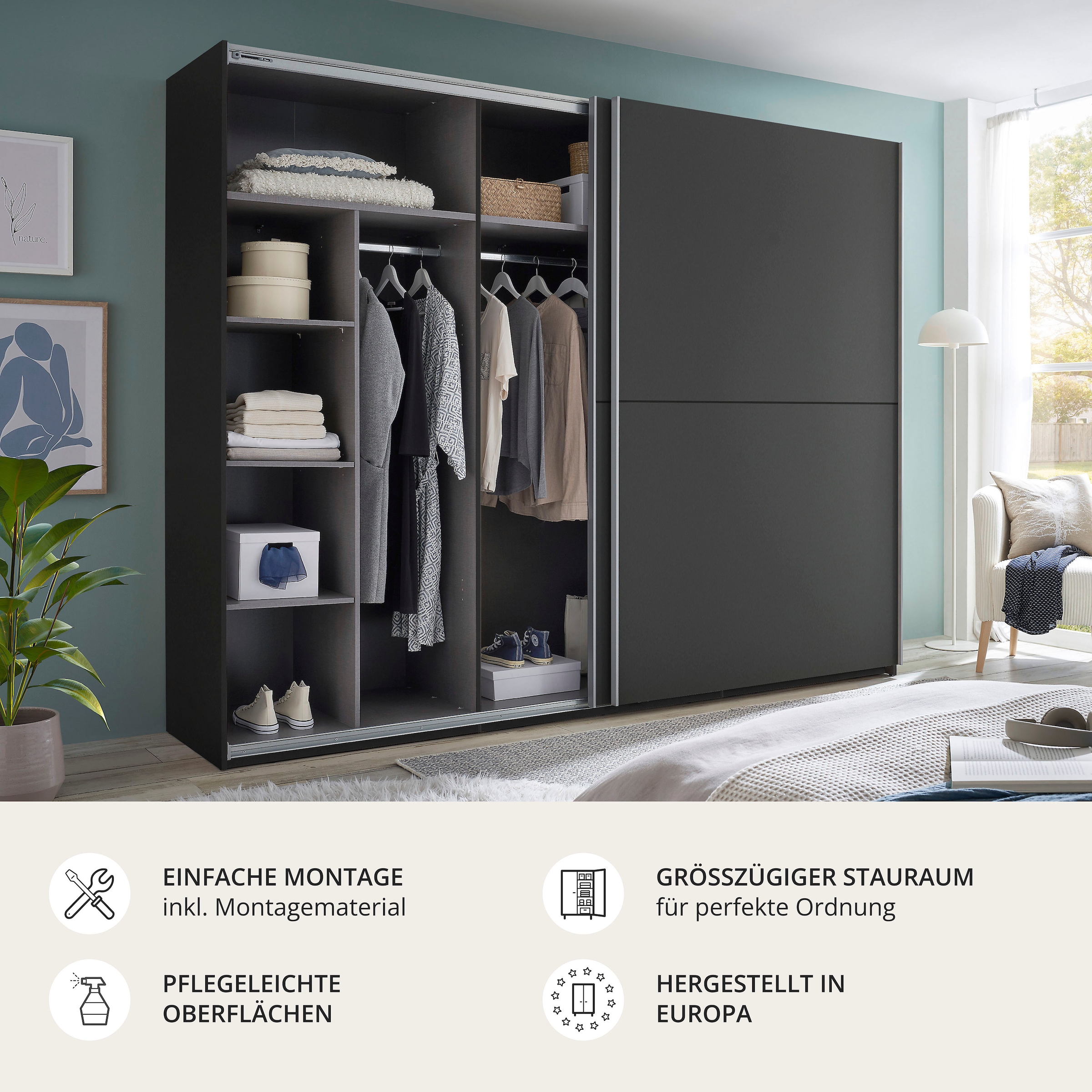 Schlafkontor Schwebetürenschrank »Mesio, 2-türiger Kleiderschrank, Schiebetürenschrank mit viel Stauraum« inklusive Hoteleinteilungen aussen und Einlegeböden oben