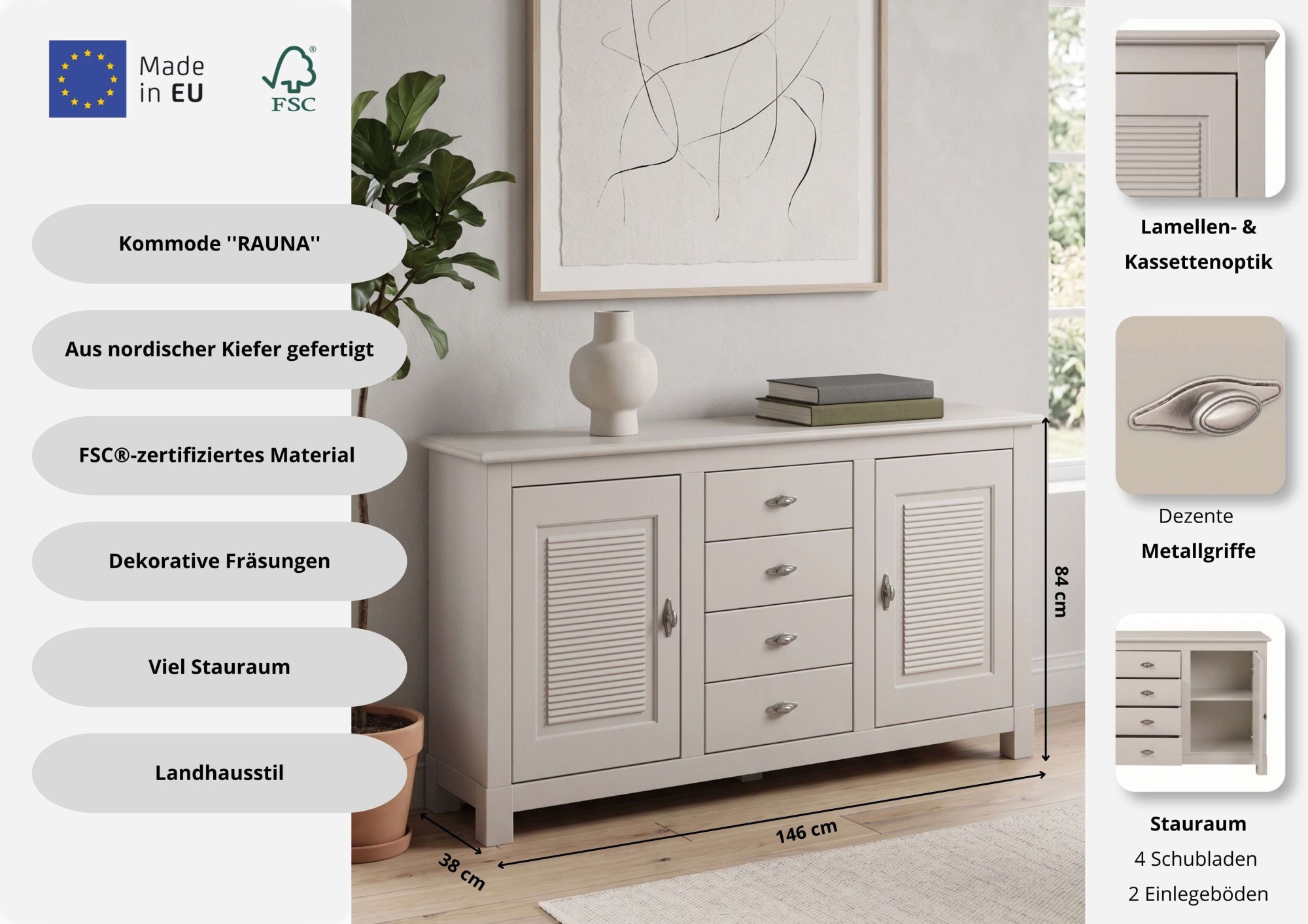 GOODproduct Sideboard »Rauna, Kommode, Landhausstil« B/T/H: 150/37/84 cm,  Kommode, FSC®-zertifiziertes Massivholz, Breite 150 cm