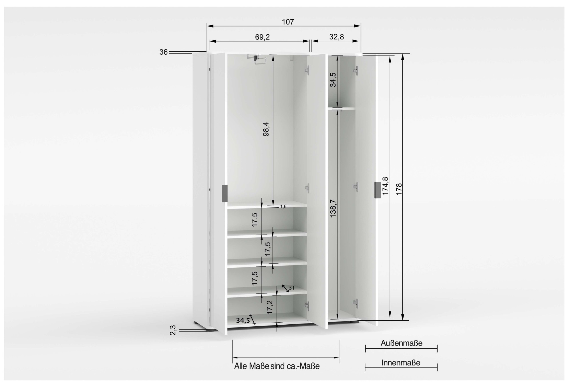 Home affaire Armoire multi-usages »JOLLY, Stauraumschrank , Breite 107 cm , Höhe 178 cm« 1 cuis tlg. 3 Türen,1 kl.+3 grosse Böden,1 Auszugsstange,Schrank Hochglanz lackiert
