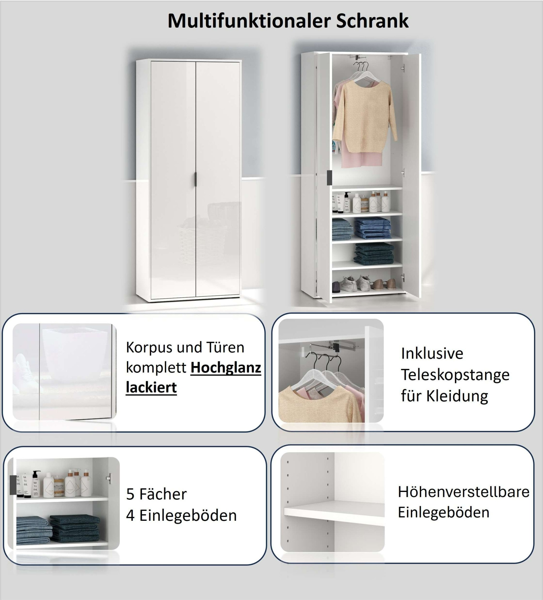 Home affaire Armoire multi-usages »JOLLY, Stauraumschrank , Breite 72,5 cm , Höhe 178 cm« 1 cuis tlg. 2 Türen, 4 Einlegeböden,1 Auszugsstange - Schrank hochglanz lackiert