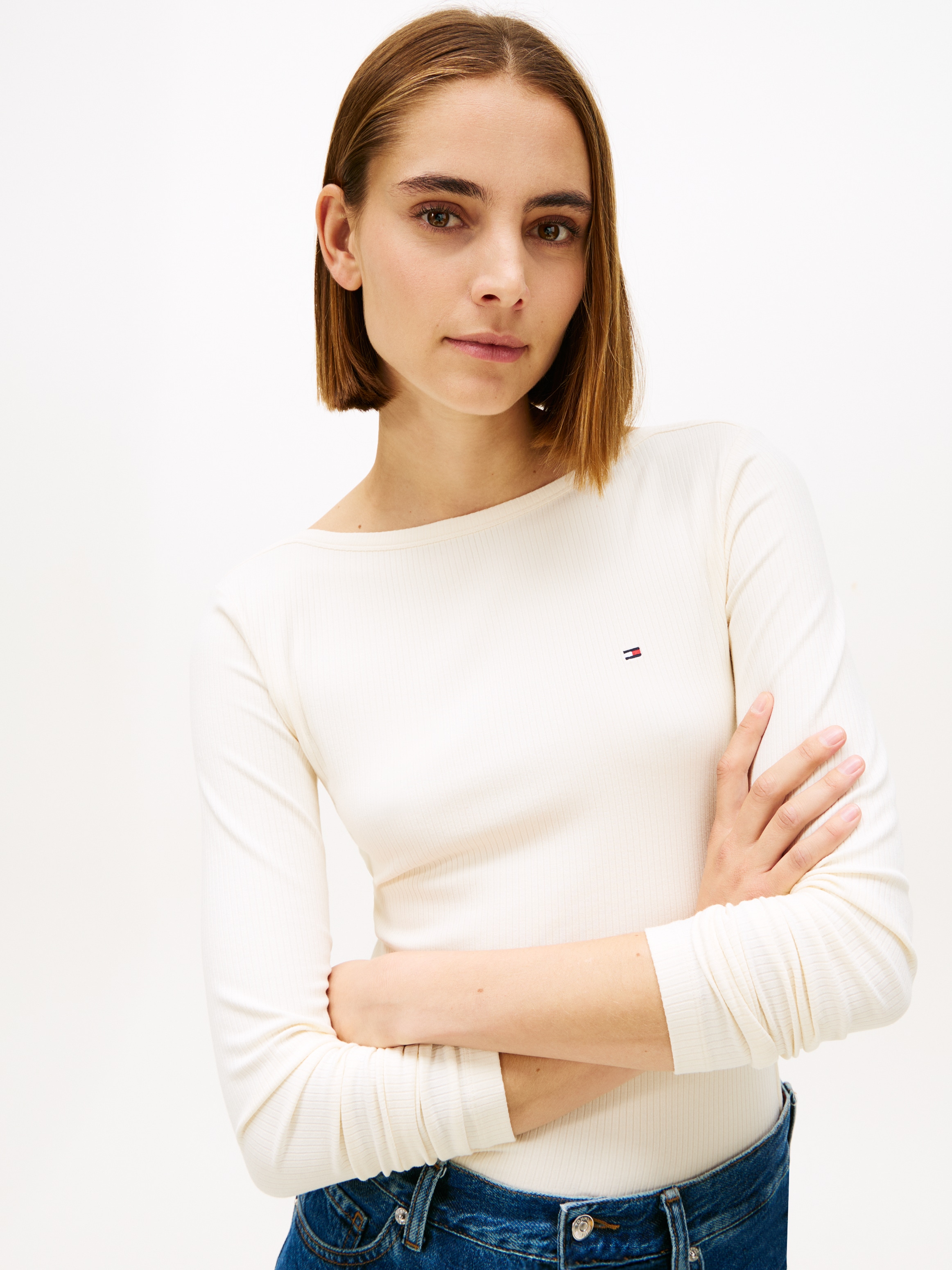 Tommy Hilfiger T-shirt à manches longues »SLIM 5X2 RIB BOAT-NK LS mit U-Boot Ausschnitt und Rippstruktur« uni, décontracté, slim fit, mélange viscose, encolure bateau