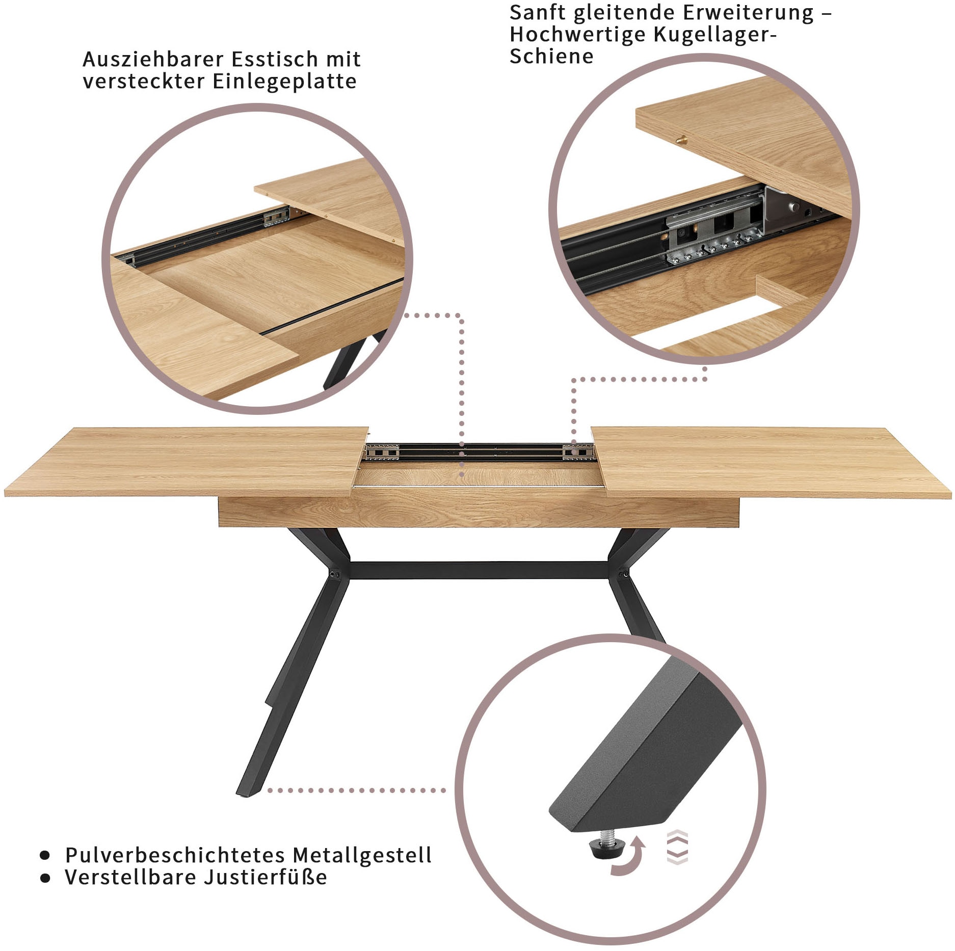 GOODproduct Essgruppe »Vendy, Esstisch ausziehbar plus 6 Freischwinger« Set, Esstisch ausziehbar 160 - 210 cm plus 6 Esszimmerstühle, 7 Stk. tlg. pflegeleichte Strukturstoff-Stühle, 3D-Steppung, ausziehbarer Tisch