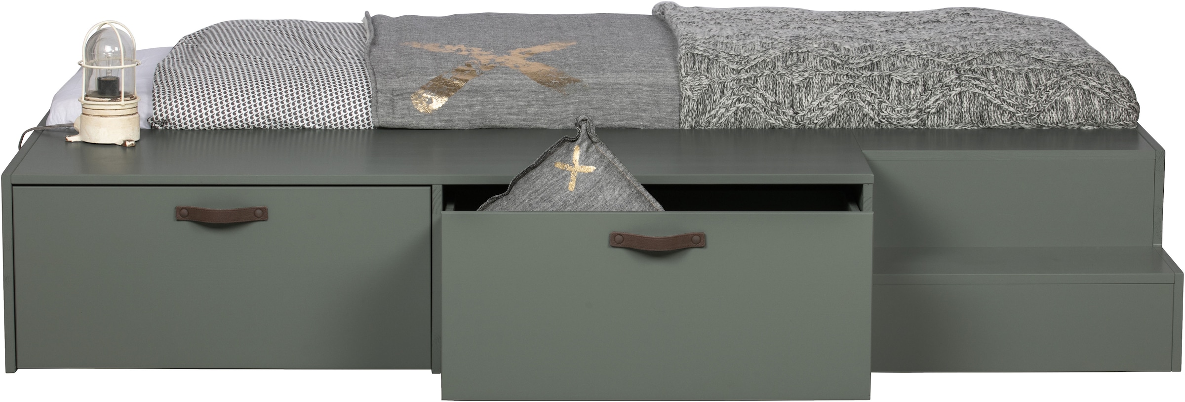 WOOOD Stauraumbett »Stage Massivholz FSC®-Kiefernholz mit Trittstufen 204 x 131 x 35 cm« Rollauszüge mit Ledergriff, breite Holzkante, Matratzenmass 80x200 cm