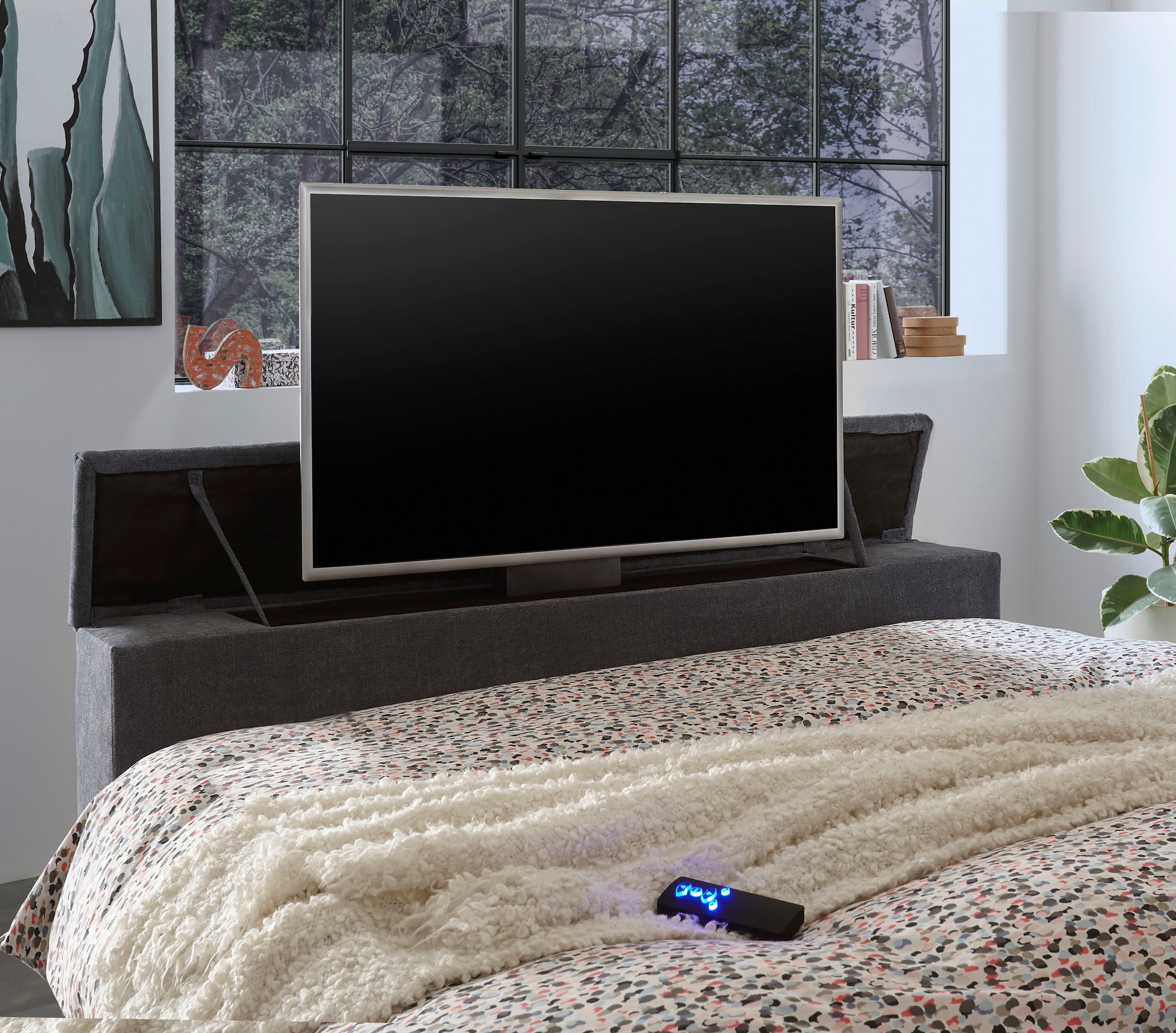 ED EXCITING DESIGN Lit boxspring »Denver« inkl. 1 bzw. 2 Bettkästen, motorisierte TV-Halterung bis 40 Zoll