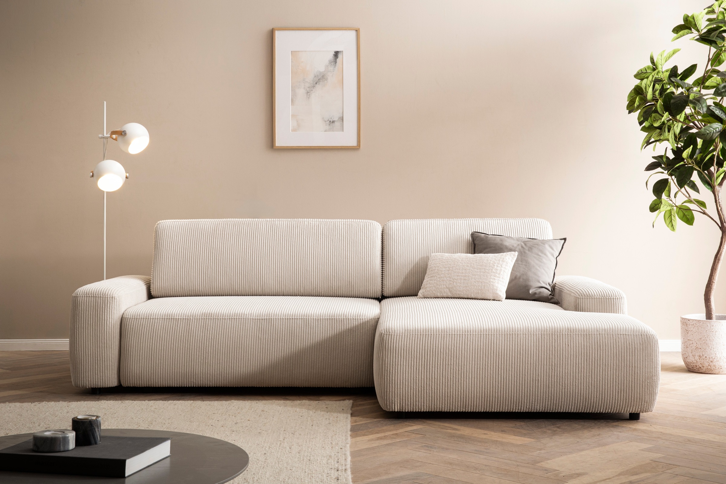 Home affaire Canapé d'angle »TORGE (264cm), Schlafsofa in Cord, Samtvelours o Struktur fein, L-Form« fonction couchage, coffre-lit, surface de couchage : 125/210 cm