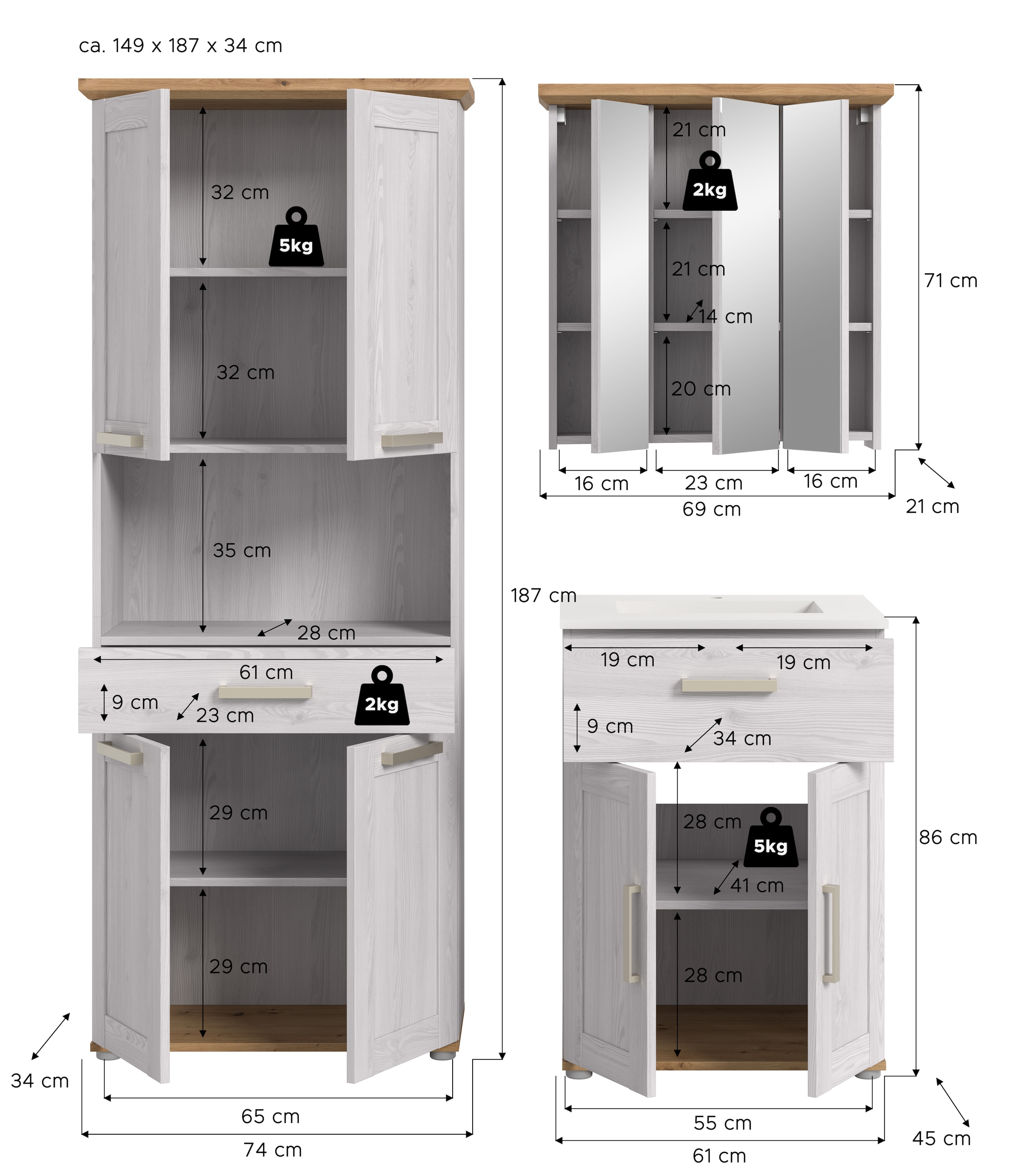 welltime Ensemble de meubles de salle de bain »COSENZA« 1 Hochschrank, 1 Waschtisch inkl. Waschbecken, 1 Spiegelschrank, 3 cuis tlg.