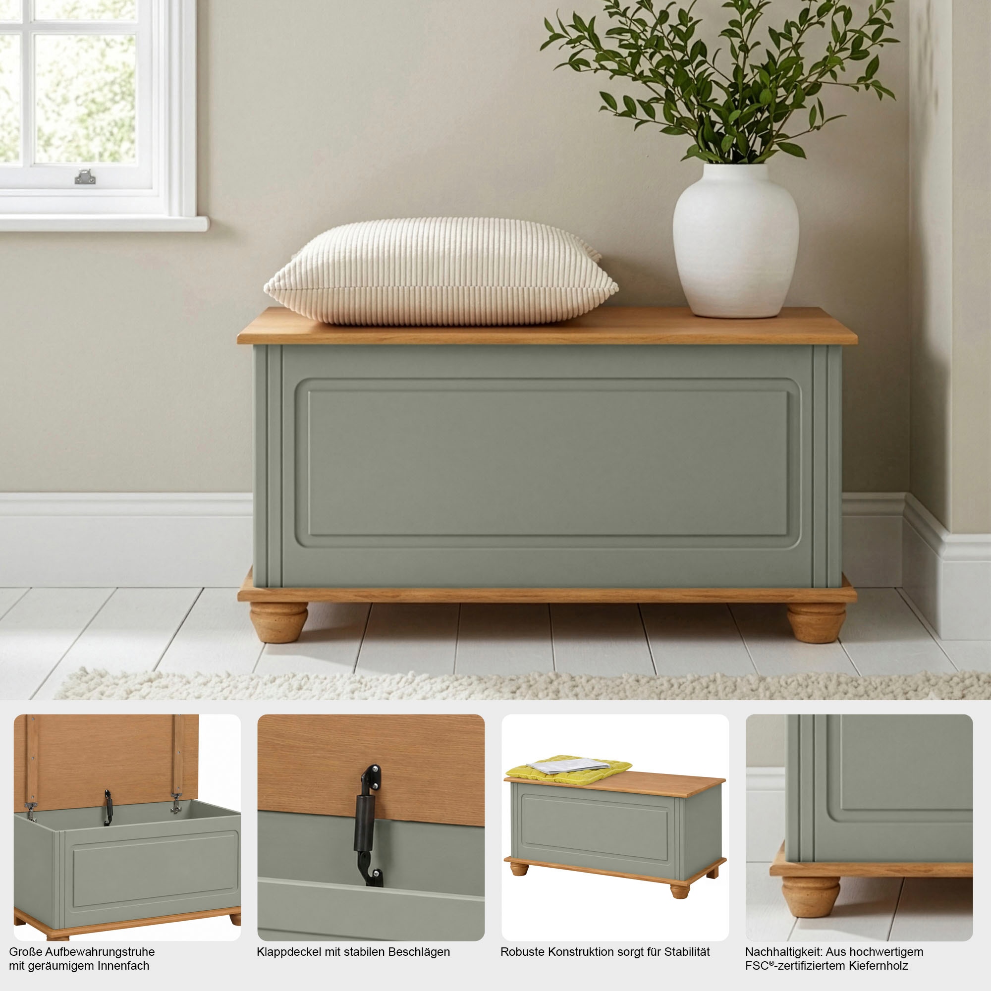 GOODproduct Coffre-siège »Finca« en pin massif, 85 x 43 x 45 cm, avec espace de rangement pratique
