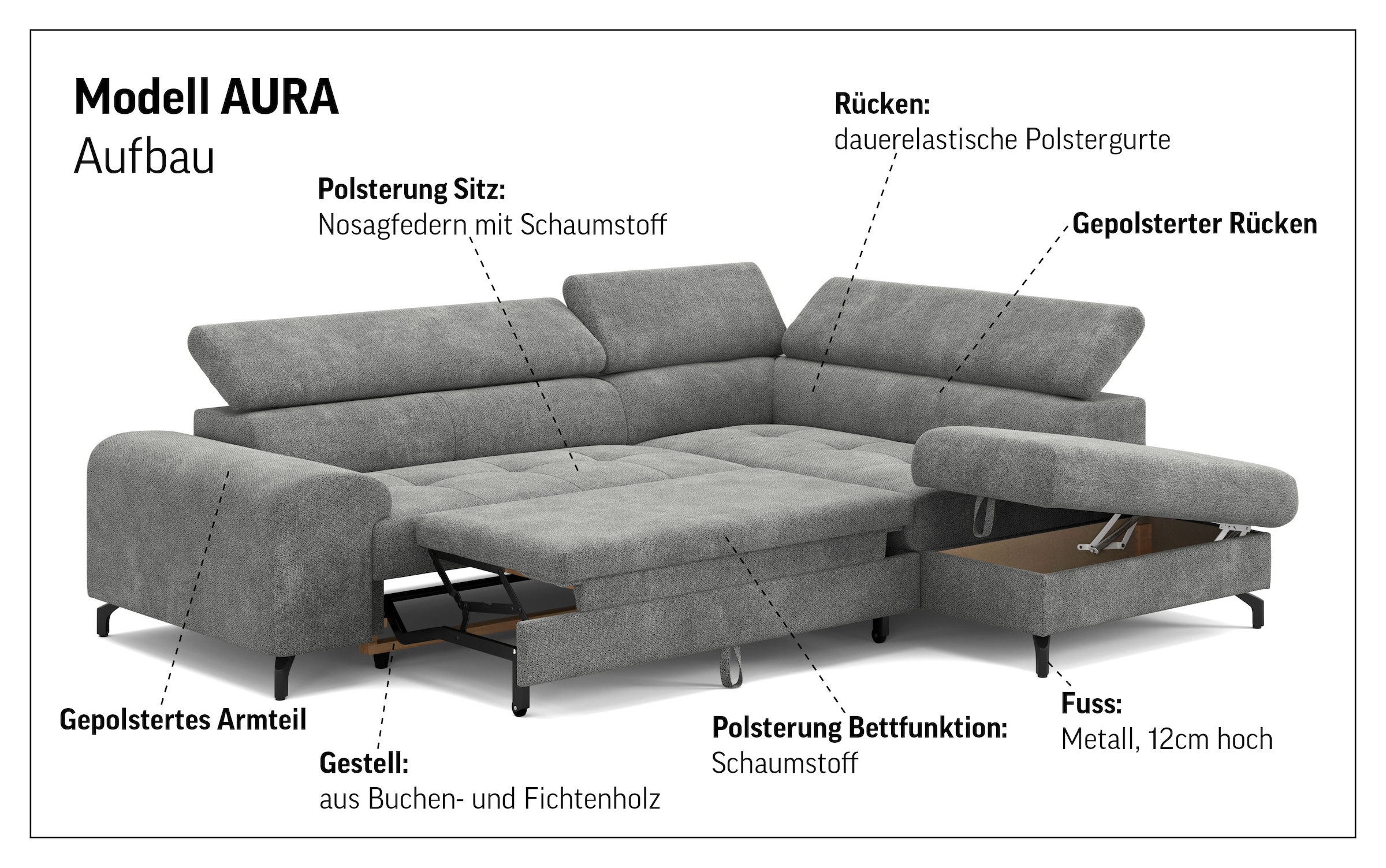 COTTA Canapé d'angle »Aura L-Form, B: 260 cm« avec fonction lit, coffre de lit & réglage de la tête de lit