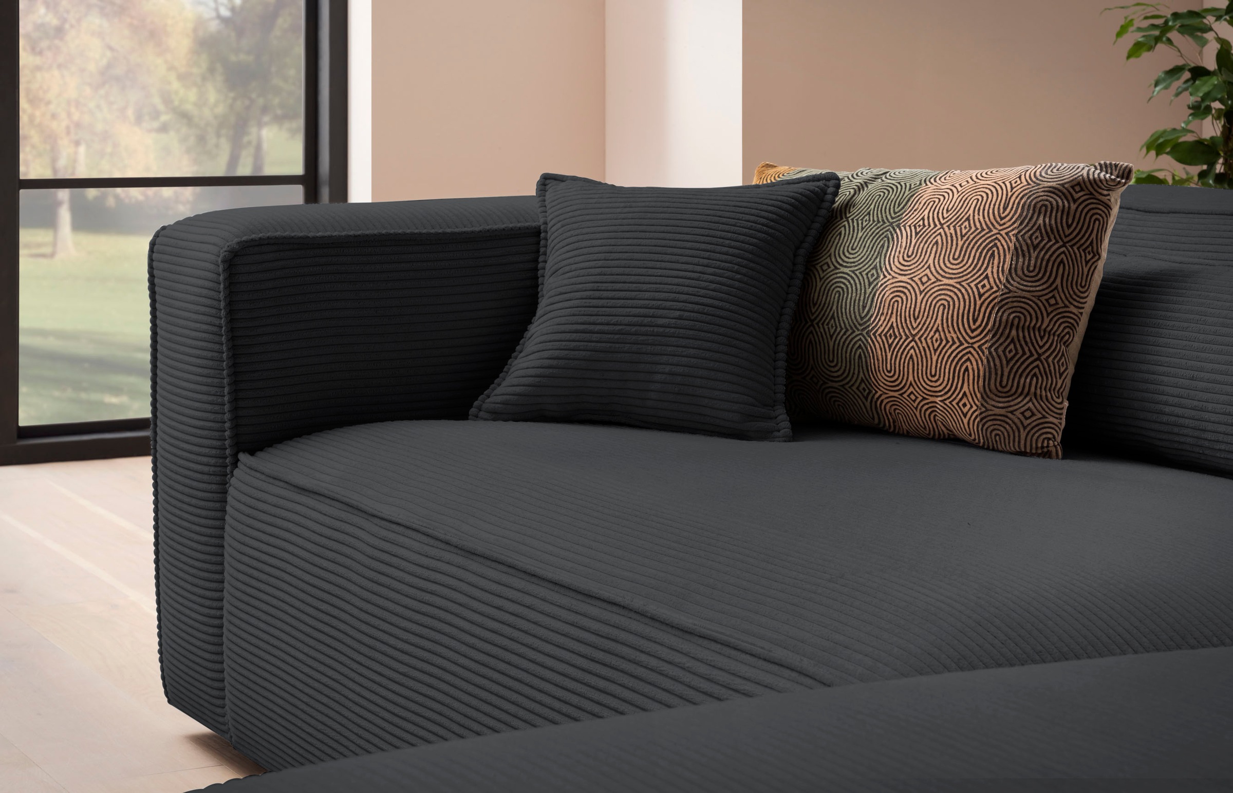 LeGer Home by Lena Gercke Canapé d'angle »PIARA XXL, L-Form, Schlaffunktion, Cord, Leinenoptik o. Strukturstoff« Hocker stellbar zum Schlafsofa (Krokodilverbinder), tiefe Sitzfläche