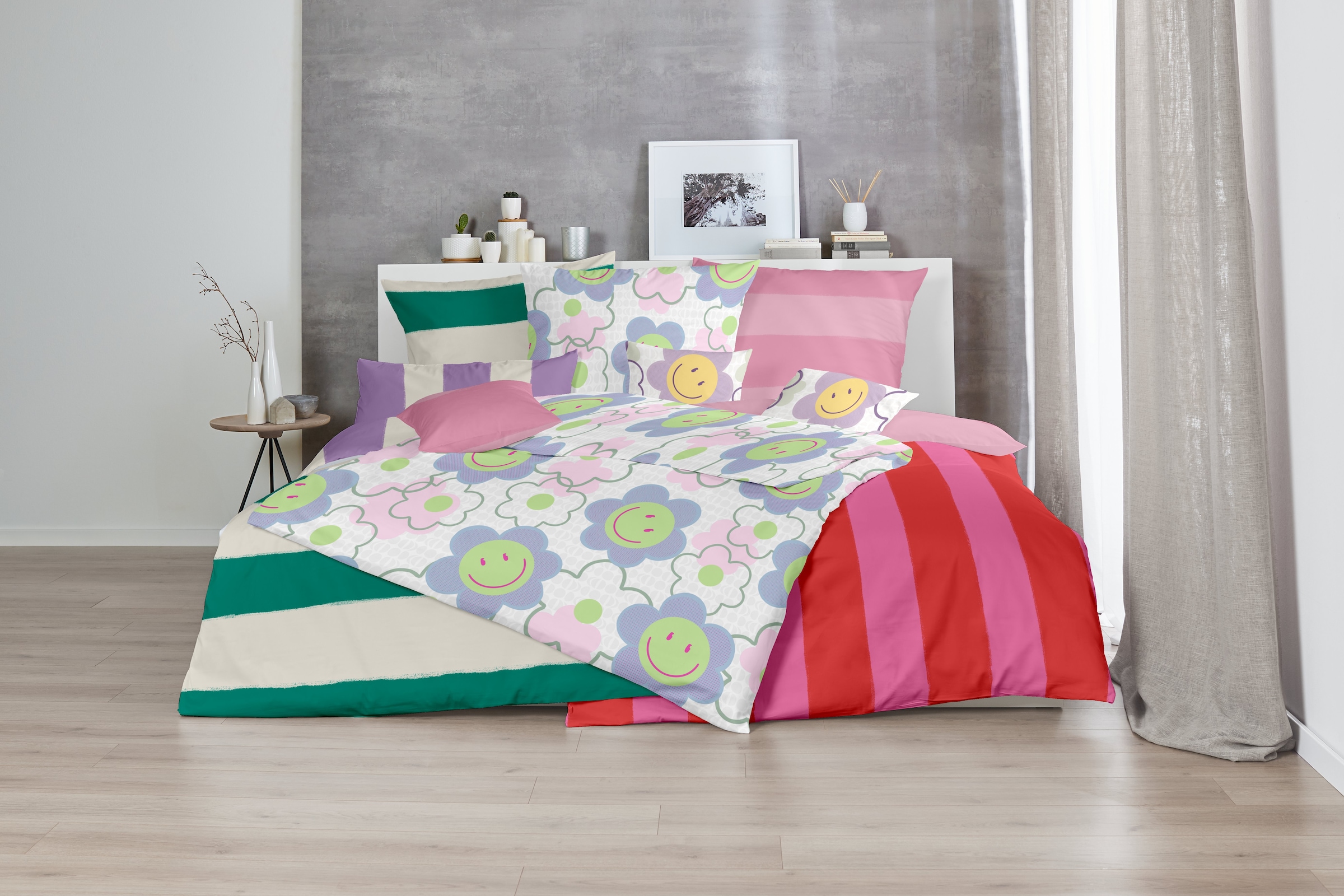 Primera Linge de lit »Renforce-Bettwäsche Smile for me« 2 cuis avec fleurs smiley aux couleurs vives
