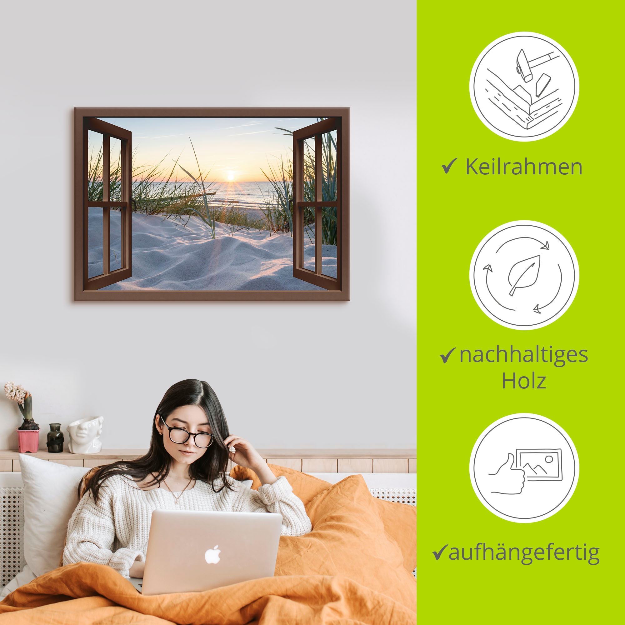 Artland Wandbild »Ostseestrand durchs Fenster« Meer Bilder 1 Stk. tlg. als Alubild, Leinwandbild in verschied. Grössen