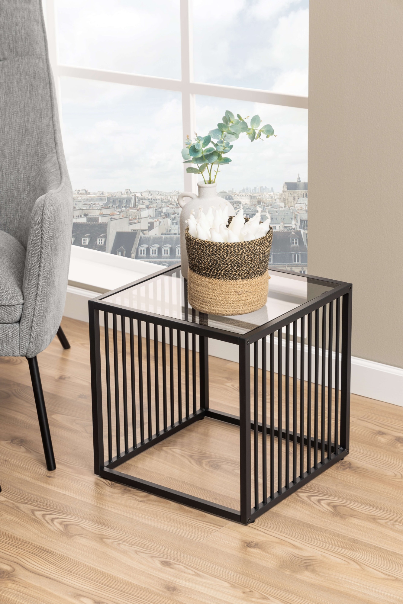 ACTONA GROUP Table d'appoint »Strington, robuster Ecktisch im skandinavischem Design, robust« Table d’angle, verre, facile d’entretien, lames métalliques verticales, H : 63 cm