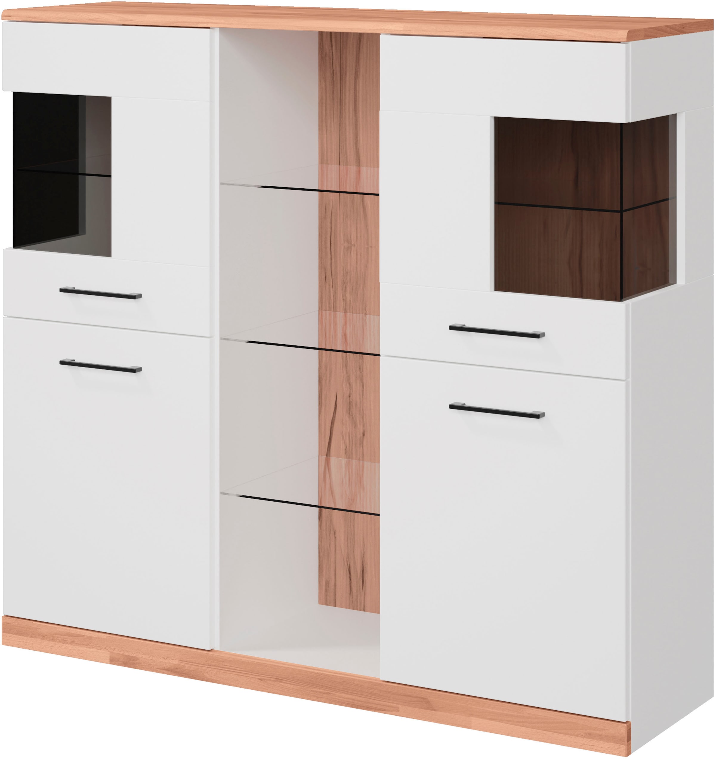 GOODproduct Highboard »Ribe,120cm breit,112cm hoch,Oberplatte massiv,12 Fächer« Oberplatte Massivholz,schwarze Metall Griffe,2 Türen mit Glaseinsatz