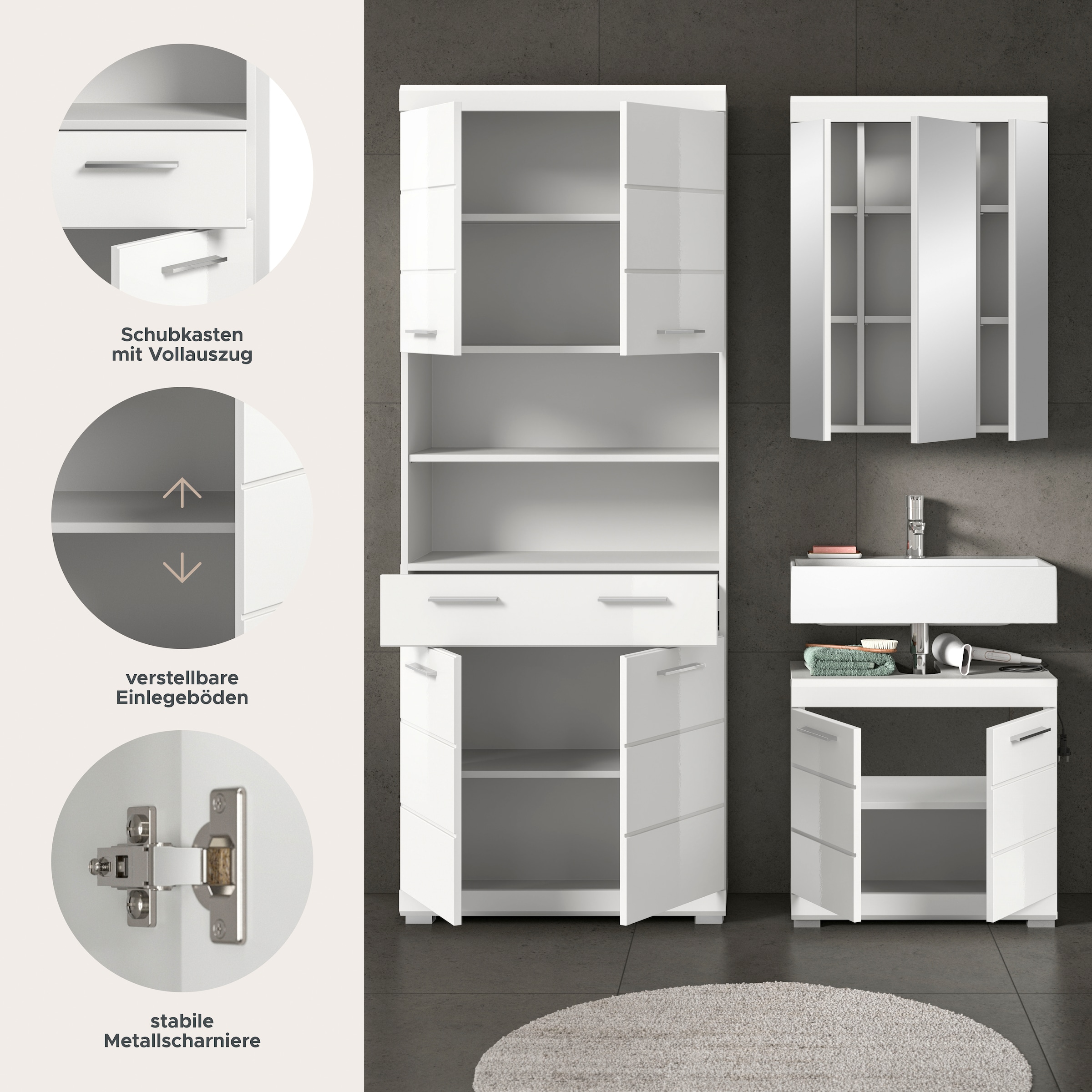 welltime Ensemble de meubles de salle de bain »SIENA, TOPSELLER!, Breite 149cm, 3-teiliges Set« Ensemble, composé de : armoire haute, meuble sous lavabo et armoire miroir, 3 cuis tlg.