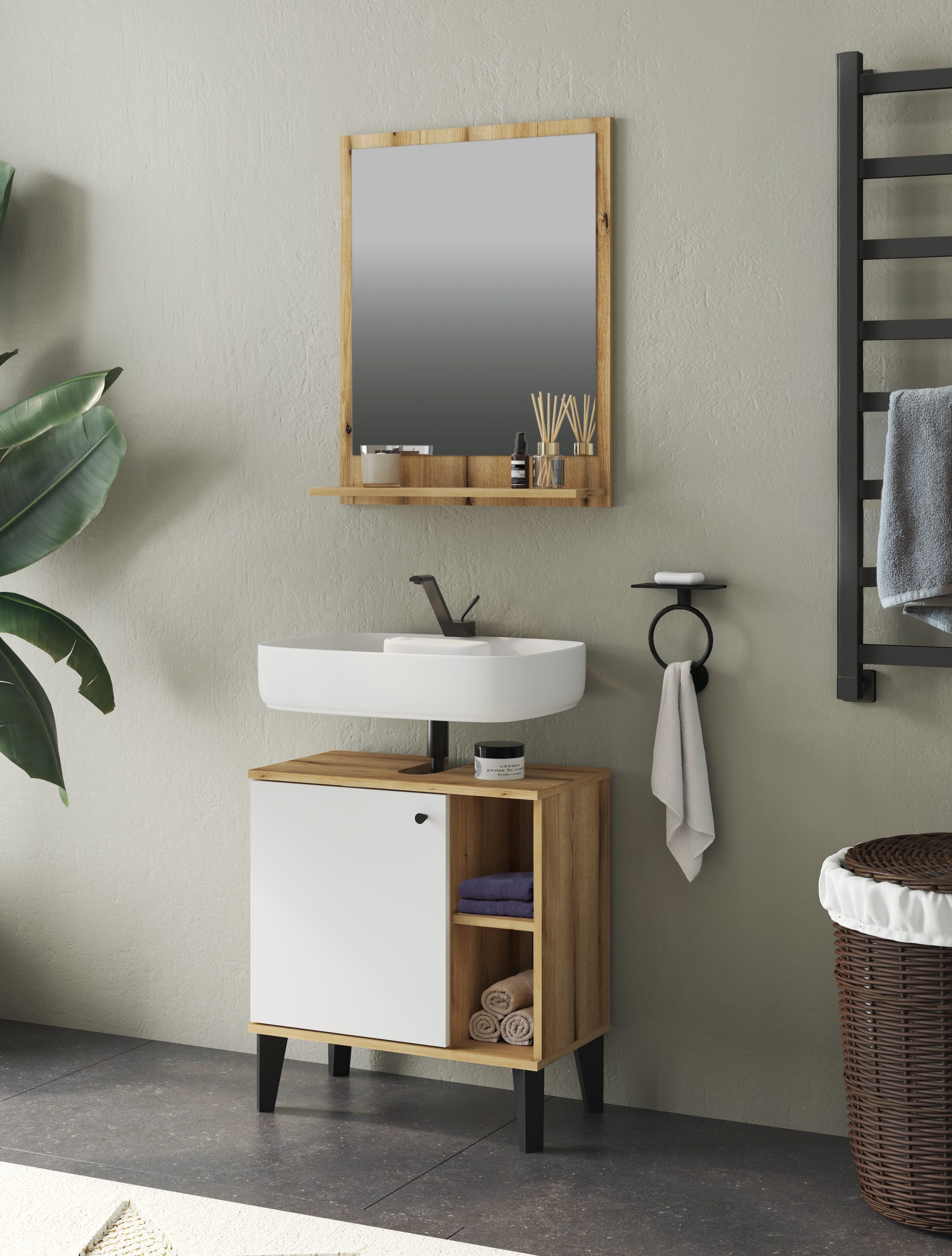 INOSIGN Armoire sous lavabo »Oslo, Waschtisch mit Knopfgriff, Badschrank im skandinavischen Design« in der Türfarbe Weiss oder Grau verfügbar, ausreichend Stauraum