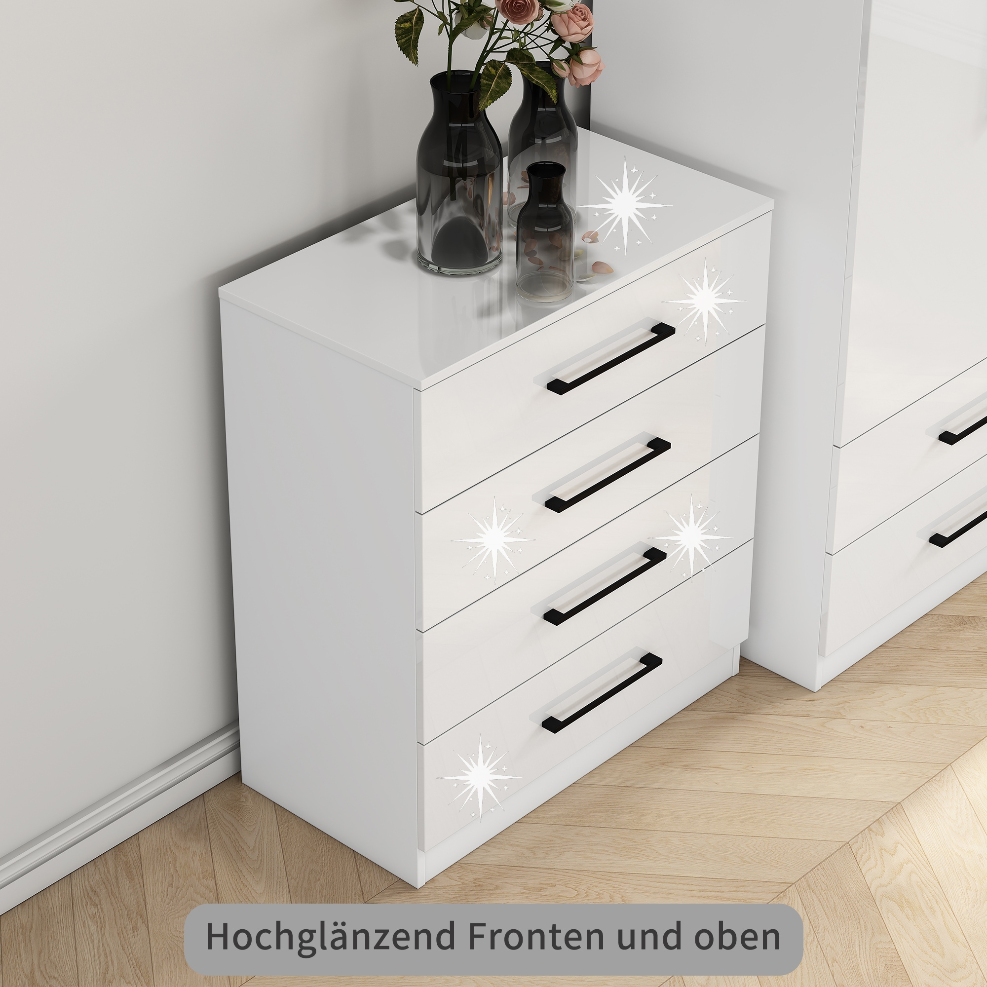GOODproduct Schubkastenkommode »Sylt Schlafzimmerkommode Kommode Wäscheschrank Bestseller« Viel Stauraum im Schlafzimmer mit hochglänzenden Fronten, 1 Stk. tlg. Beistellschrank mit 4 Schubladen